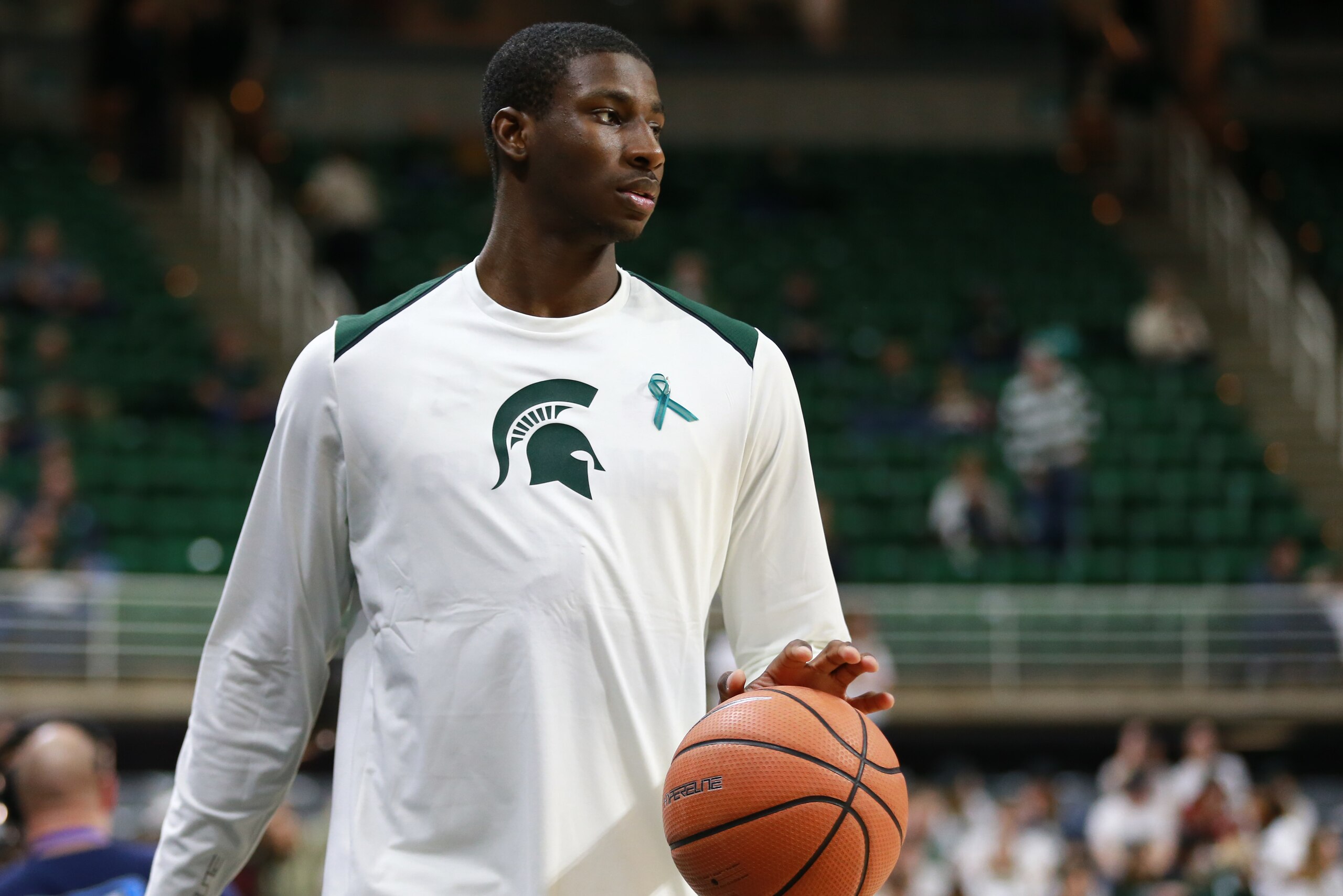 EAST LANSING, MI - JANUARY 31: Jaren Jackson Jr. #2 of the Michigan State Spartans during warmups prior to a basketball game against the Penn State Nittany Lions at Breslin Center on January 31, 2018 in East Lansing, Michigan. (Photo by Rey Del Rio/Getty 