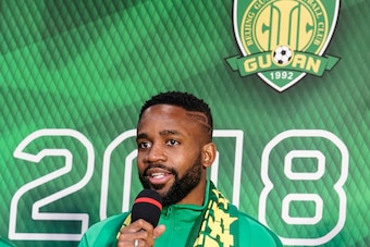 BEIJING, CHINA - MARCH 01:  Cedric Bakambu of Beijing Guoan FC attends a press conference at Worker's Stadium on March 1, 2018 in Beijing, China.  (Photo by XIN LI/Getty Images)
