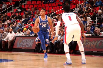 DETROIT, MI - OCTOBER 23:  Markelle Fultz #20 of the Philadelphia 76ers handles the ball against the Detroit Pistons on October 23, 2017 at Little Caesars Arena in Detroit, Michigan. NOTE TO USER: User expressly acknowledges and agrees that, by downloadin