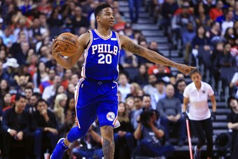 TORONTO, ON - OCTOBER 21:  Markelle Fultz #20 of the Philadelphia 76ers dribbles the ball during the first half of an NBA game against the Toronto Raptors at Air Canada Centre on October 21, 2017 in Toronto, Canada.  NOTE TO USER: User expressly acknowled