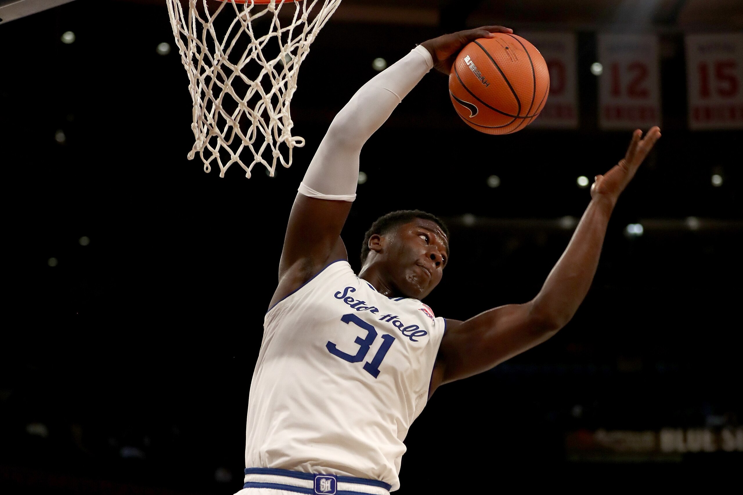 NEW YORK, NY - MARCH 08:  Angel Delgado #31 of the Seton Hall Pirates grabes the rebound in the first half against the Butler Bulldogs uring quarterfinals of the Big East Basketball Tournament at Madison Square Garden on March 8, 2018 in New York City.  (