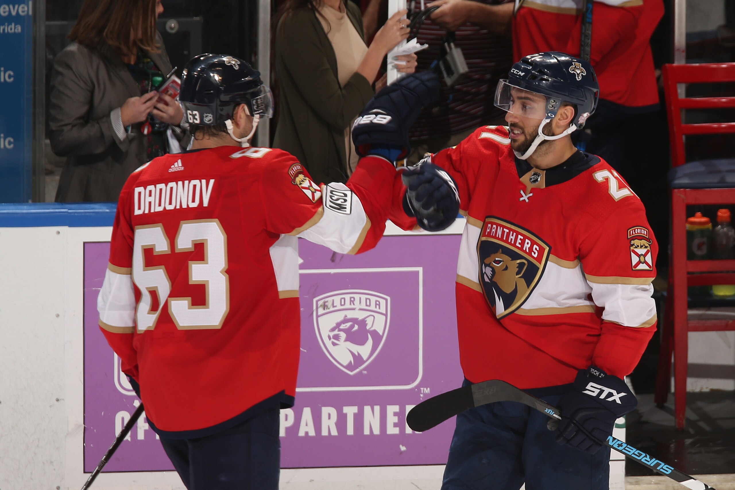 SUNRISE, FL - MARCH 10: Vincent Trocheck #21 celebrates his game winning goal with Evgeni Dadonov #63 of the Florida Panthers after the shootout against the New York Rangers at the BB&T Center on March 10, 2018 in Sunrise, Florida. The Panthers defeated t SUNRISE, FL - MARCH 10: Vincent Trocheck #21 celebrates his game winning goal with Evgeni Dadonov #63 of the Florida Panthers after the shootout against the New York Rangers at the BB&T Center on March 10, 2018 in Sunrise, Florida. The Panthers defeated t