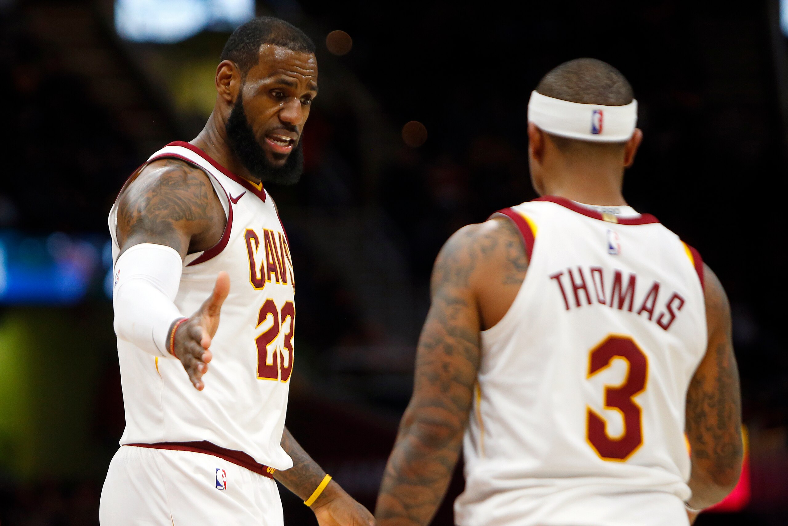 CLEVELAND, OH - JANUARY 18:  LeBron James #23 of the Cleveland Cavaliers and Isaiah Thomas #3 of the Cleveland Cavaliers react to a foul against the Orlando Magic at Quicken Loans Arena on January 18, 2018 in Cleveland, Ohio. NOTE TO USER: User expressly 