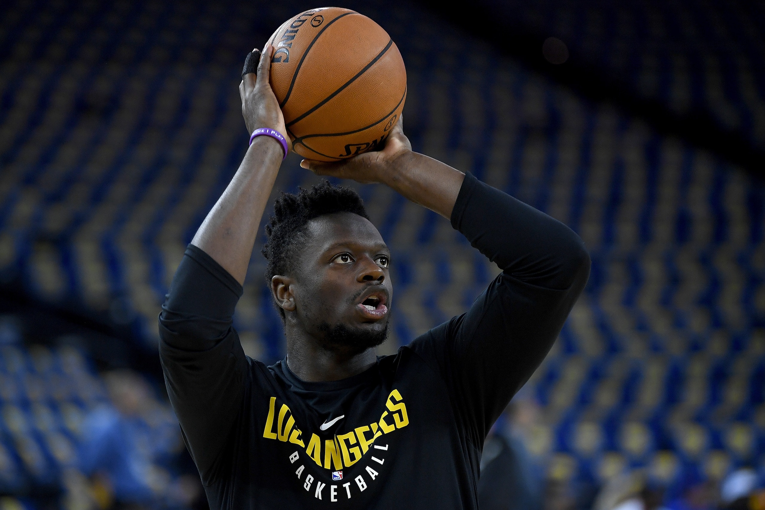 OAKLAND, CA - MARCH 14:  Julius Randle #30 of the Los Angeles Lakers works out warming up prior to the start of an NBA basketball game against the Golden State Warriors at ORACLE Arena on March 14, 2018 in Oakland, California. NOTE TO USER: User expressly