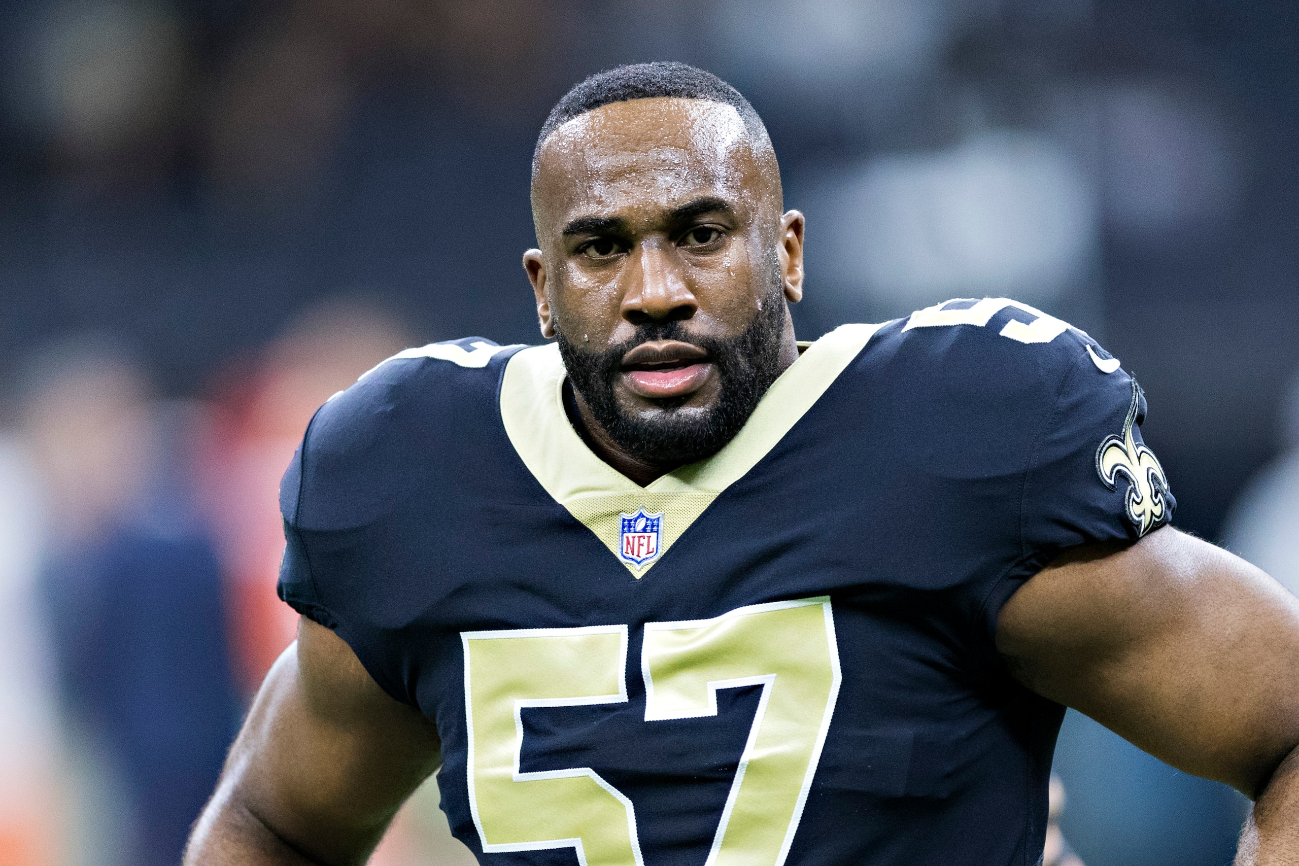 NEW ORLEANS, LA - NOVEMBER 5:  Alex Okafor #57 of the New Orleans Saints warming up before a game against the Tampa Bay Buccaneers at Mercedes-Benz Superdome on November 5, 2017 in New Orleans, Louisiana.  The Saints defeated the Buccaneers 30-10. (Photo 
