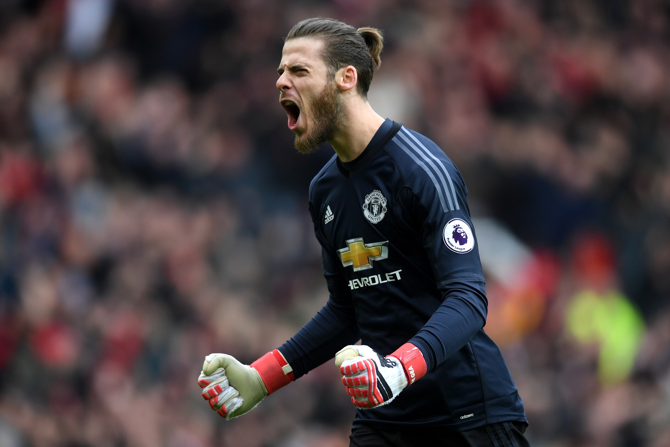 MANCHESTER, ENGLAND - MARCH 10:  David De Gea of Manchester United celebrates his side's first goal during the Premier League match between Manchester United and Liverpool at Old Trafford on March 10, 2018 in Manchester, England.  (Photo by Michael Regan/
