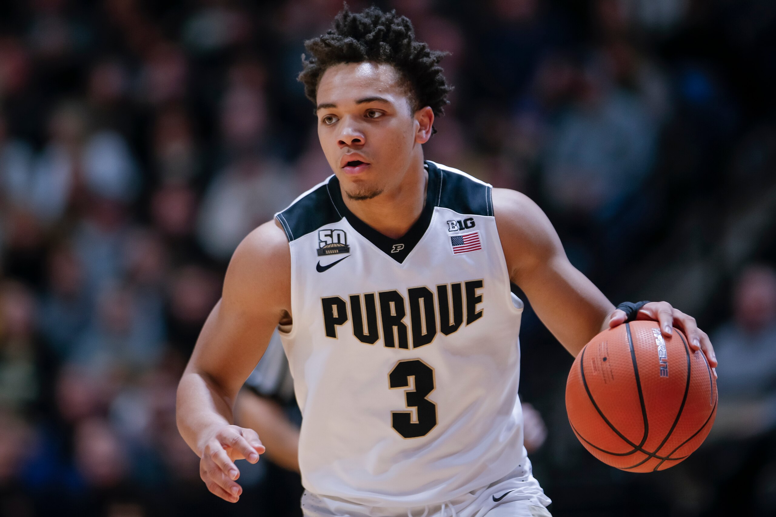 WEST LAFAYETTE, IN - FEBRUARY 25: Carsen Edwards #3 of the Purdue Boilermakers brings the ball up court during the game against the Minnesota Golden Gophers at Mackey Arena on February 25, 2018 in West Lafayette, Indiana. (Photo by Michael Hickey/Getty Im