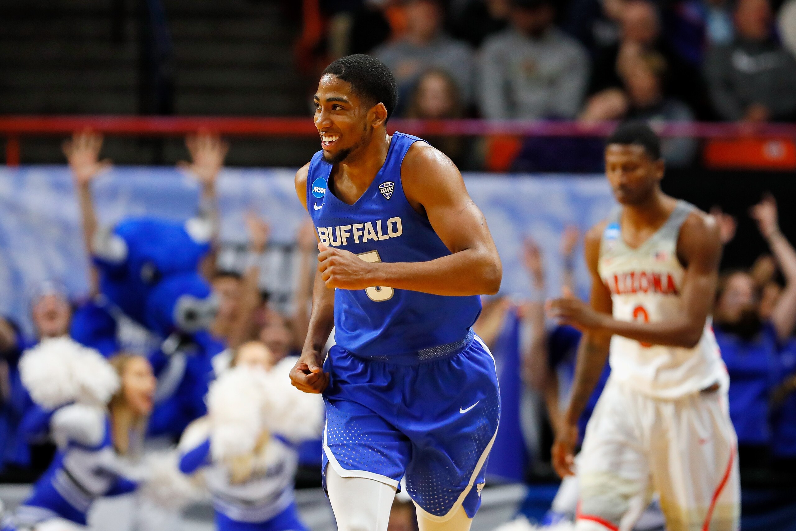 BOISE, ID - MARCH 15:  CJ Massinburg #5 of the Buffalo Bulls reacts in the second half against the Arizona Wildcats during the first round of the 2018 NCAA Men's Basketball Tournament at Taco Bell Arena on March 15, 2018 in Boise, Idaho.  (Photo by Kevin 