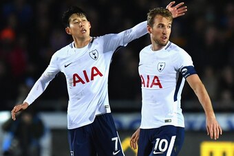 NEWPORT, WALES - JANUARY 27:  Harry Kane of Tottenham Hotspur celebrates with teammate Heung-Min Son after scoring his sides first goal during The Emirates FA Cup Fourth Round match between Newport County and Tottenham Hotspur at Rodney Parade on January 