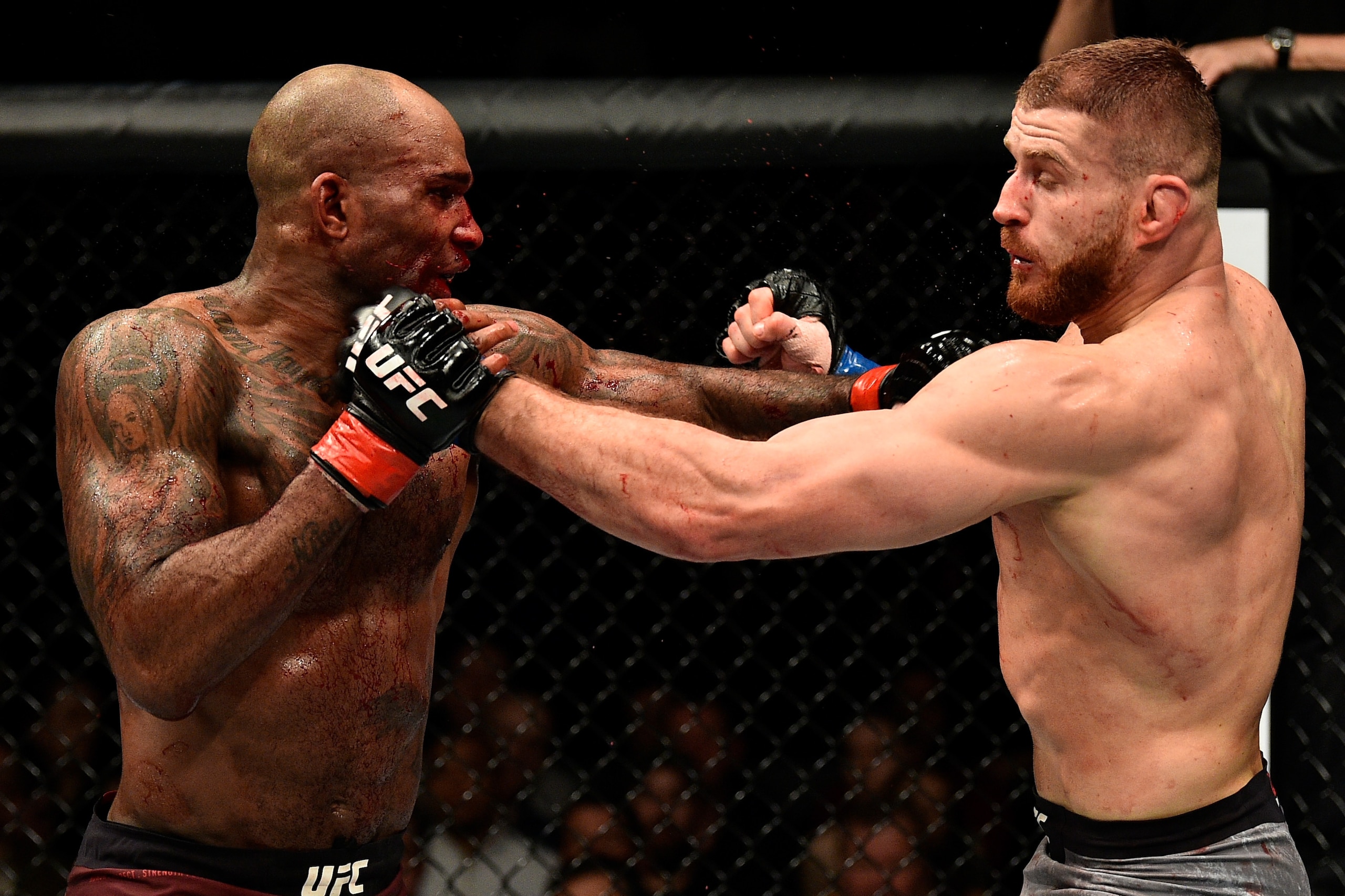LONDON, ENGLAND - MARCH 17:  (L-R) Jimi Manuwa and Jan Blachowicz of Poland exchange punches in their light heavyweight bout inside The O2 Arena on March 17, 2018 in London, England. (Photo by Brandon Magnus/Zuffa LLC/Zuffa LLC via Getty Images)