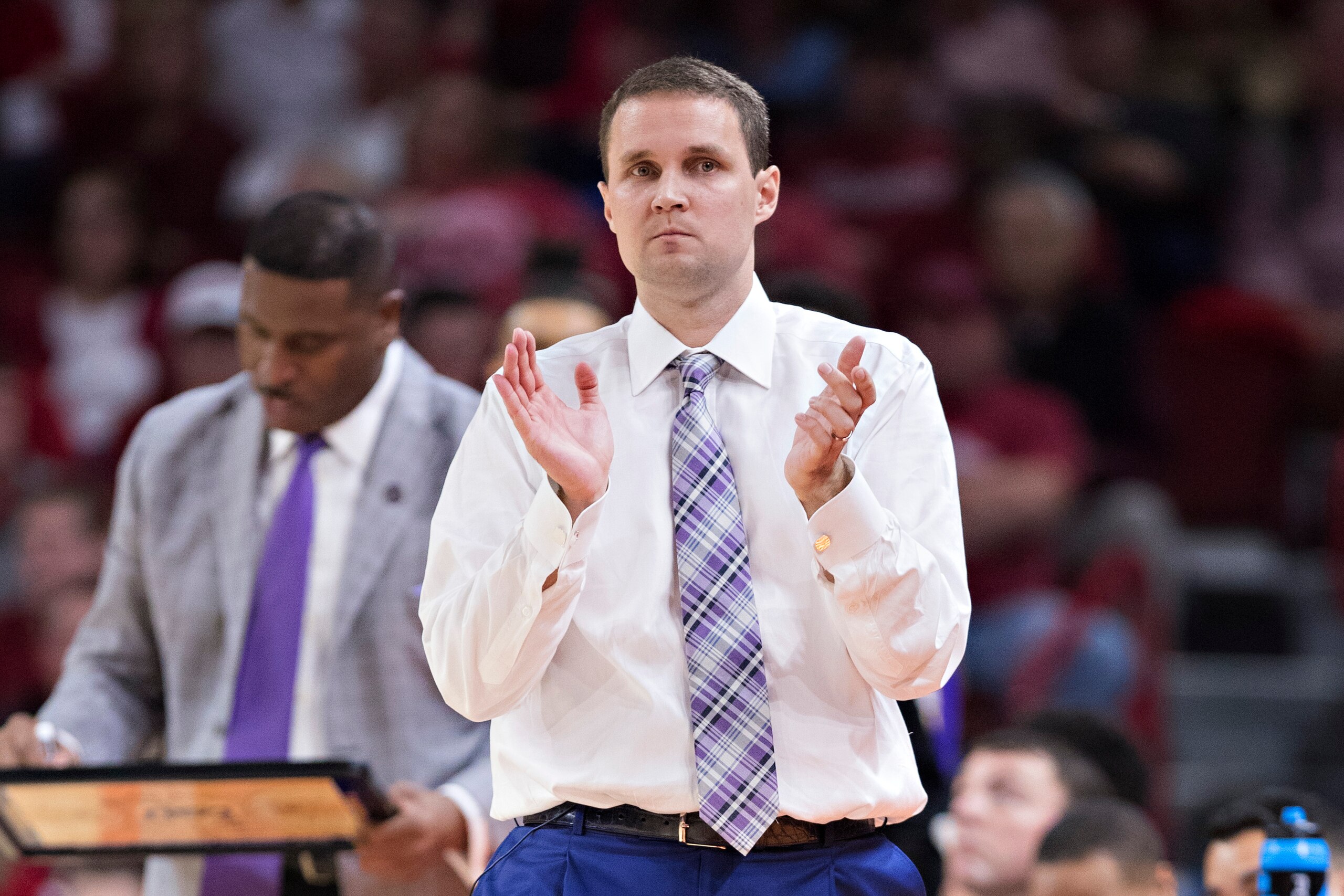 FAYETTEVILLE, AR - JANUARY 10:  Head Coach Will Wade of the LSU Tigers directs his team during a game against the Arkansas Razorbacks at Bud Walton Arena on January 10, 2018 in Fayetteville, Arkansas.  The Tigers defeated the Razorbacks 75-54.  (Photo by 