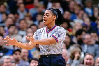 EAST RUTHERFORD - 1998: Violet Palmer makes a call during a New Jersey Nets game circa 1998 at the Contintental Airlines Arena in East Rutherford, New Jersey. NOTE TO USER: User expressly acknowledges and agrees that, by downloading and or using this phot