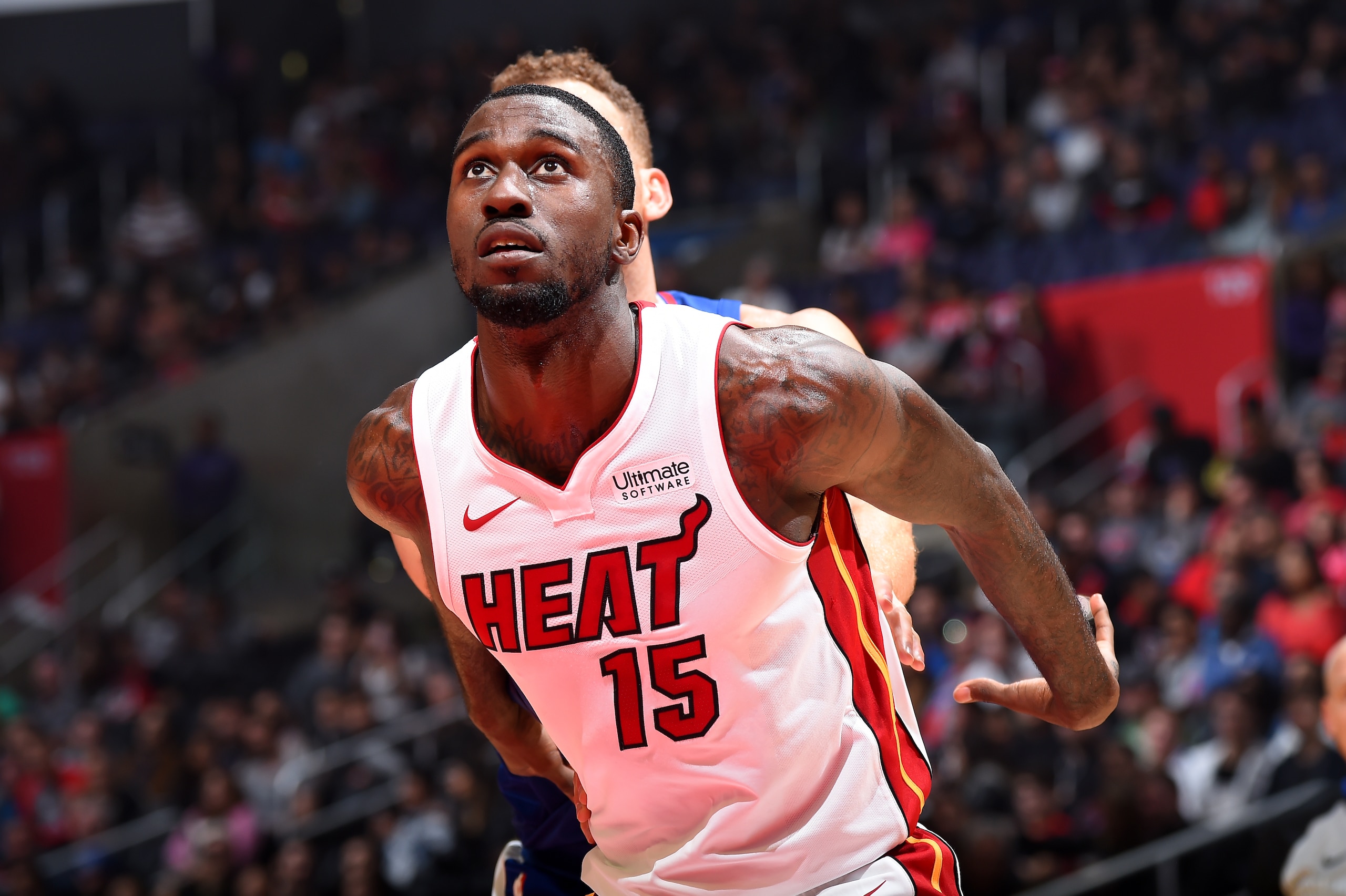LOS ANGELES, CA - NOVEMBER 5: Okaro White #15 of the Miami Heat boxes out during the game against the LA Clippers on November 5, 2017 at STAPLES Center in Los Angeles, California. NOTE TO USER: User expressly acknowledges and agrees that, by downloading a
