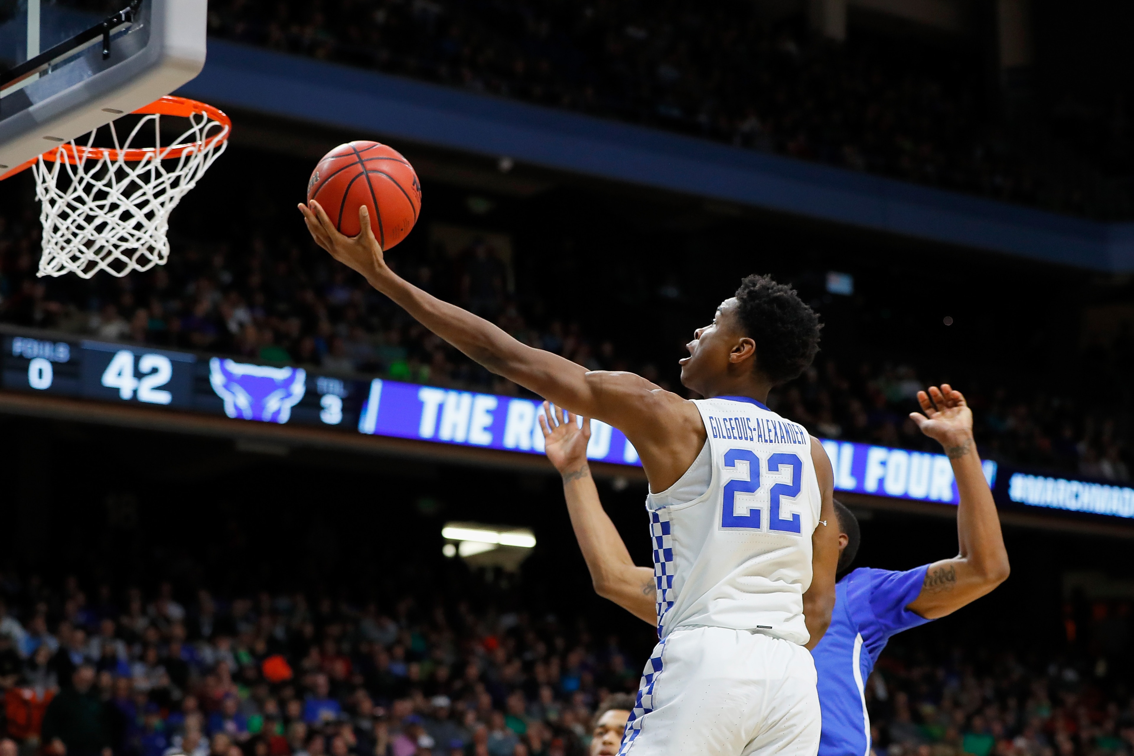 BOISE, ID - MARCH 17: Shai Gilgeous-Alexander #22 of the Kentucky Wildcats drives to the basket during the second half against the Buffalo Bulls in the second round of the 2018 NCAA Men's Basketball Tournament at Taco Bell Arena on March 17, 2018 in Bois BOISE, ID - MARCH 17: Shai Gilgeous-Alexander #22 of the Kentucky Wildcats drives to the basket during the second half against the Buffalo Bulls in the second round of the 2018 NCAA Men's Basketball Tournament at Taco Bell Arena on March 17, 2018 in Bois