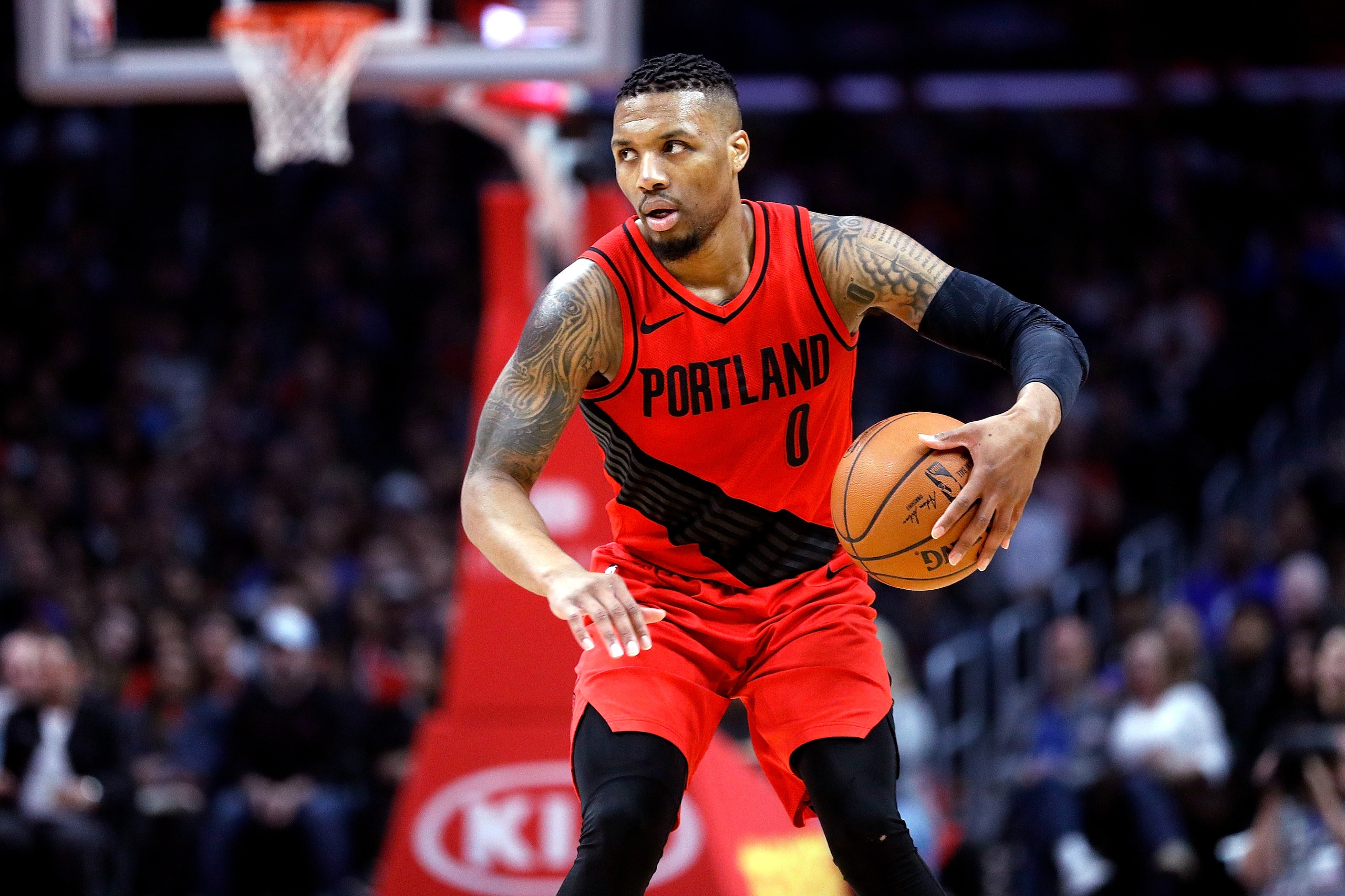 LOS ANGELES, CA - MARCH 18:  Damian Lillard #0 of the Portland Trail Blazers controls the ball during the game against the LA Clippers at the Staples Center on March 18, 2018 in Los Angeles, California.  NOTE TO USER: User expressly acknowledges and agree