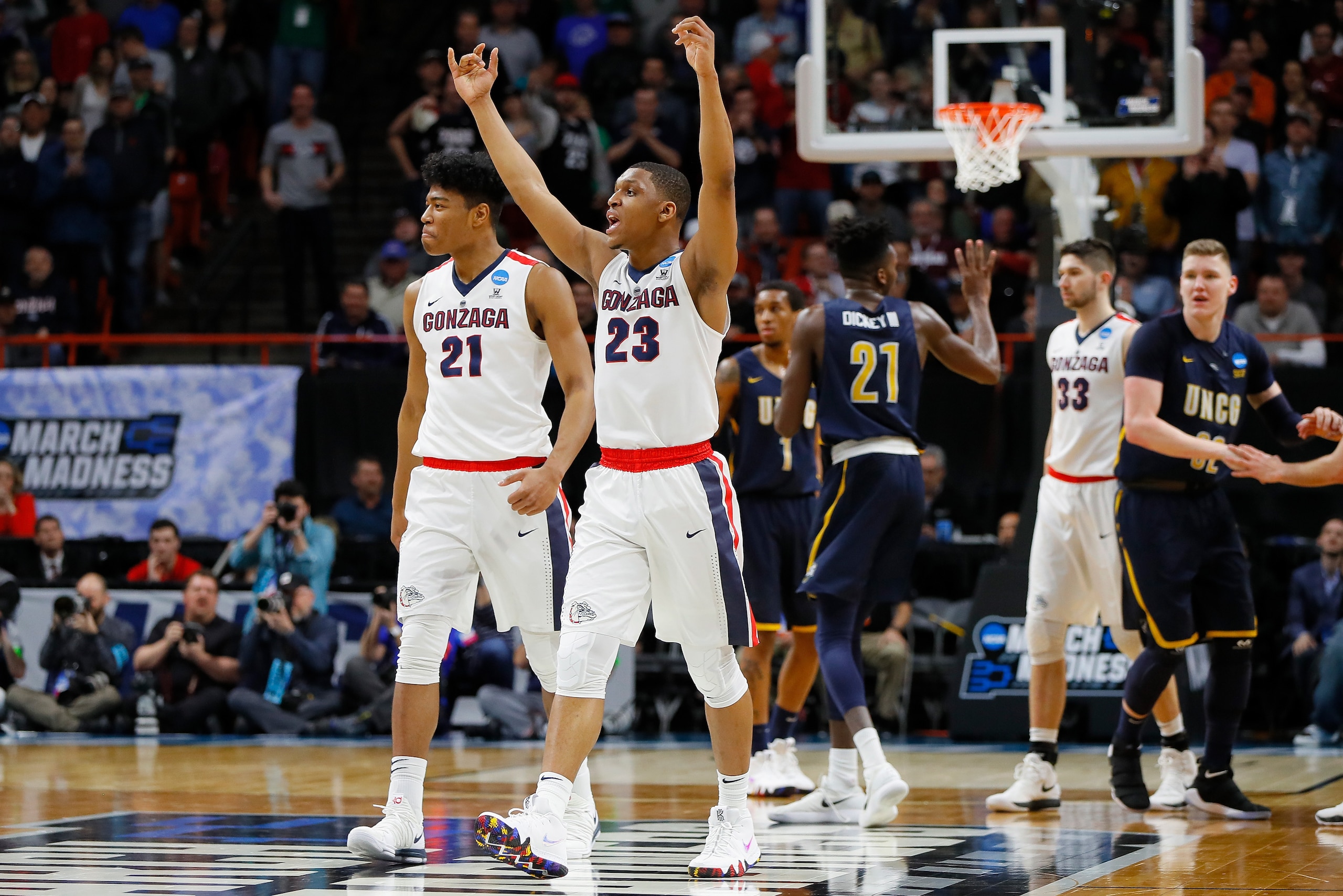 BOISE, ID - MARCH 15:  Zach Norvell Jr. #23 of the Gonzaga Bulldogs reacts after being fouled in the second half against the UNC-Greensboro Spartans during the first round of the 2018 NCAA Men's Basketball Tournament at Taco Bell Arena on March 15, 2018 i