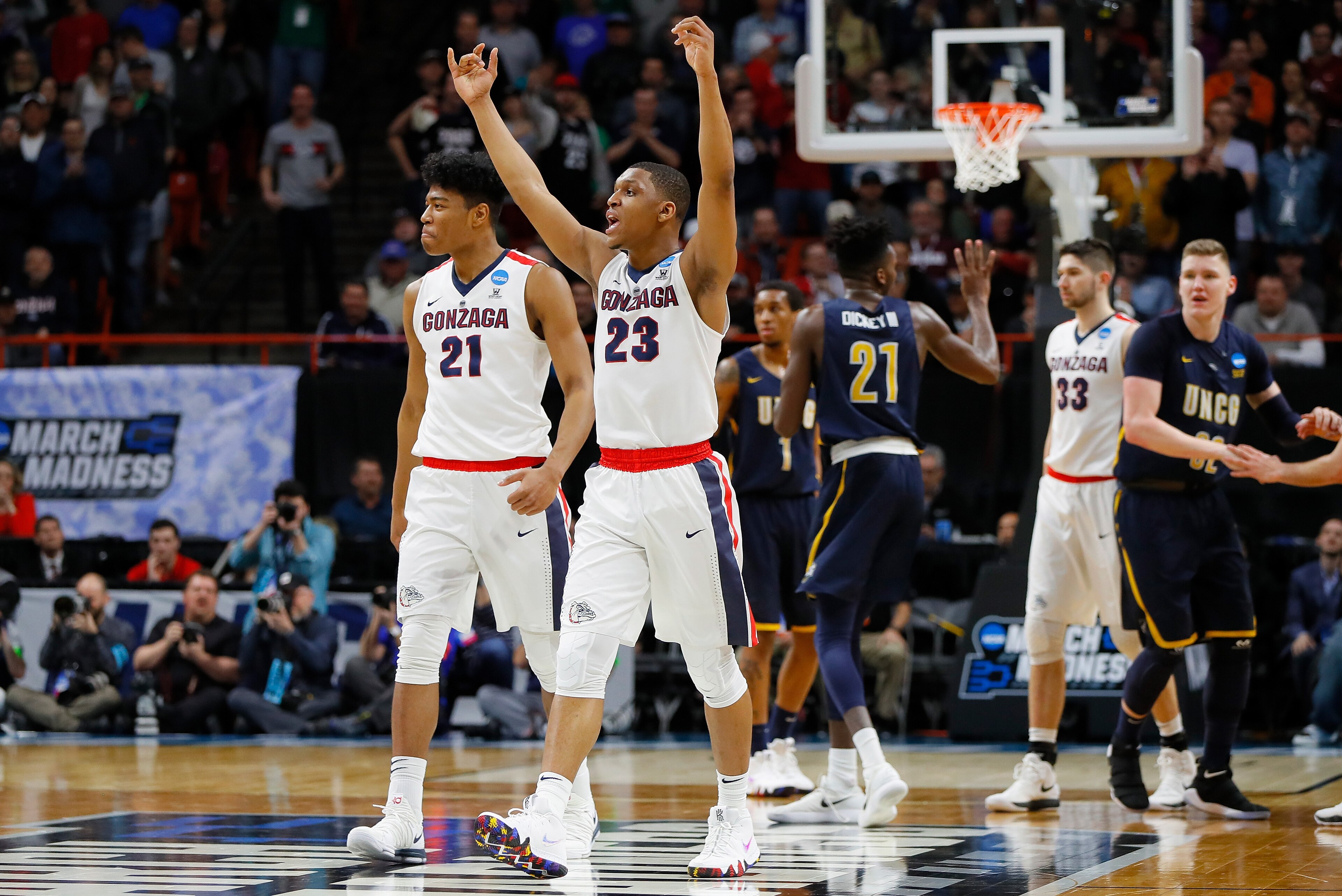 BOISE, ID - MARCH 15:  Zach Norvell Jr. #23 of the Gonzaga Bulldogs reacts after being fouled in the second half against the UNC-Greensboro Spartans during the first round of the 2018 NCAA Men's Basketball Tournament at Taco Bell Arena on March 15, 2018 i