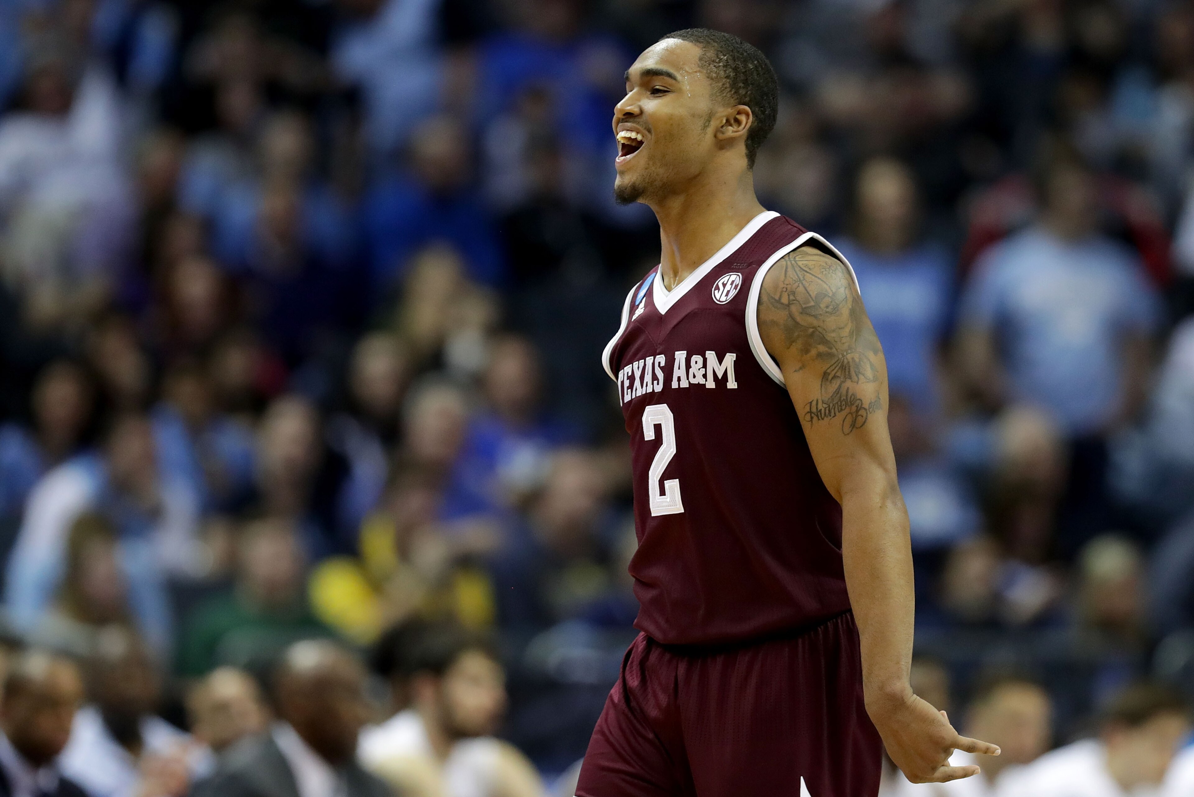 CHARLOTTE, NC - MARCH 18:  TJ Starks #2 of the Texas A&M Aggies reacts at the end of the first half against the North Carolina Tar Heels during the second round of the 2018 NCAA Men's Basketball Tournament at Spectrum Center on March 18, 2018 in Charlotte