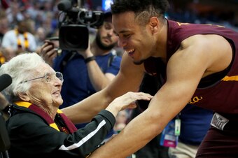 DALLAS, TX - MARCH 17:  Marques Townes #5 of the Loyola Ramblers celebrates with Sister Jean Dolores-Schmidt after beating the Tennessee Volunteers 63-62 in the second round of the 2018 NCAA Tournament at the American Airlines Center on March 17, 2018 in 