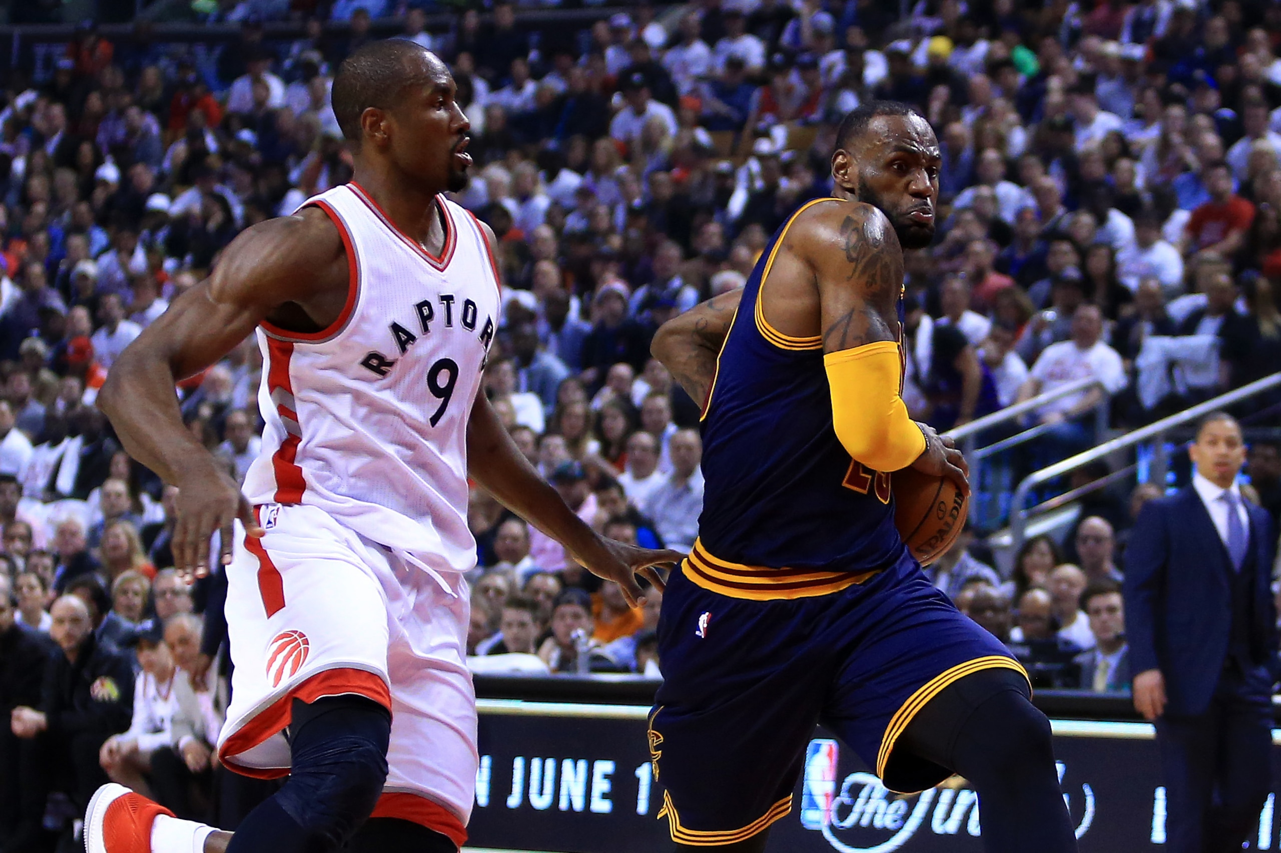 TORONTO, ON - MAY 07: Lebron James #23 of the Cleveland Cavaliers drives to the basket as Serge Ibaka #9 of the Toronto Raptors defends in the first half of Game Four of the Eastern Conference Semifinals during the 2017 NBA Playoffs at Air Canada Centre TORONTO, ON - MAY 07: Lebron James #23 of the Cleveland Cavaliers drives to the basket as Serge Ibaka #9 of the Toronto Raptors defends in the first half of Game Four of the Eastern Conference Semifinals during the 2017 NBA Playoffs at Air Canada Centre