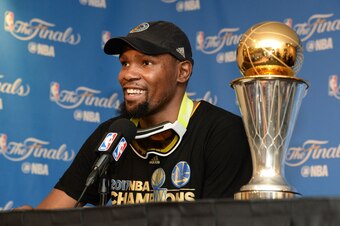 OAKLAND, CA - JUNE 12:  NBA Finals MVP Kevin Durant #35 of the Golden State Warriors speaks to the media after winning the NBA Championship in Game Five of the 2017 NBA Finals against the Cleveland Cavaliers on June 12, 2017 at ORACLE Arena in Oakland, Ca