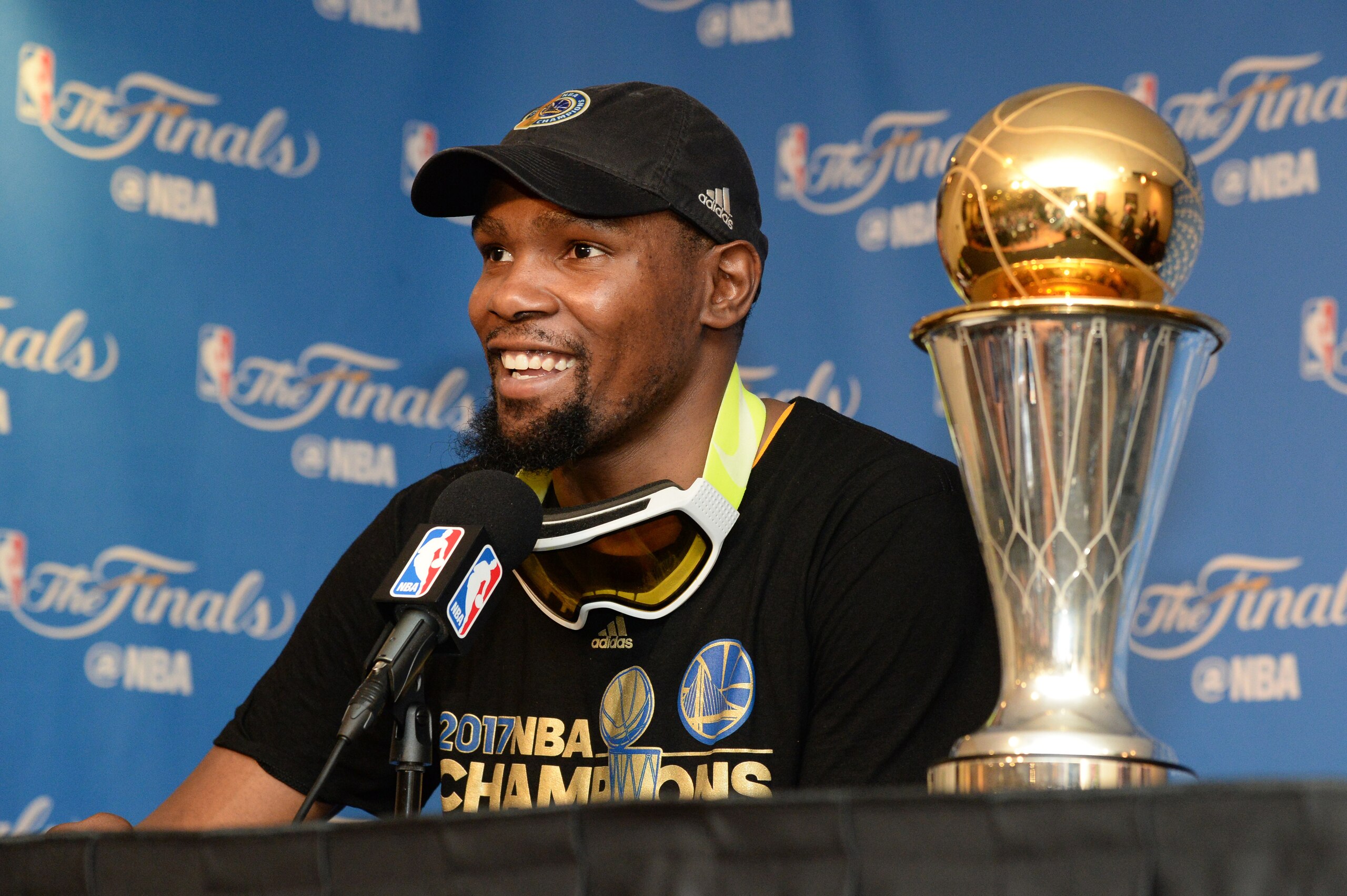 OAKLAND, CA - JUNE 12:  NBA Finals MVP Kevin Durant #35 of the Golden State Warriors speaks to the media after winning the NBA Championship in Game Five of the 2017 NBA Finals against the Cleveland Cavaliers on June 12, 2017 at ORACLE Arena in Oakland, Ca