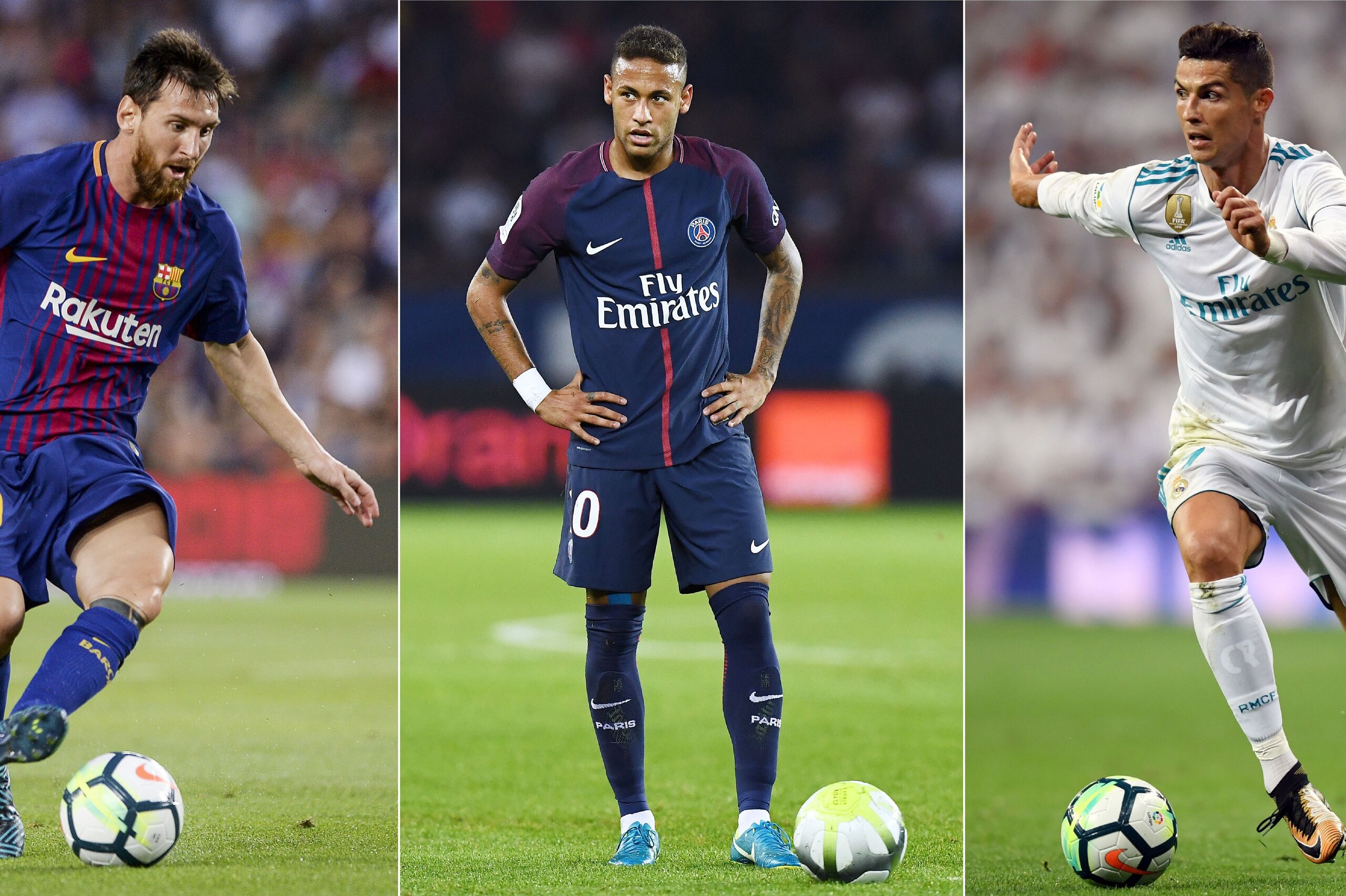 A combination of images shows (L-R) Barcelona's Argentinian forward Lionel Messi, Paris Saint-Germain's Brazilian striker Neymar and Real Madrid's Portuguese forward Cristiano Ronaldo.
Neymar was named alongside Cristiano Ronaldo and Lionel Messi on the t