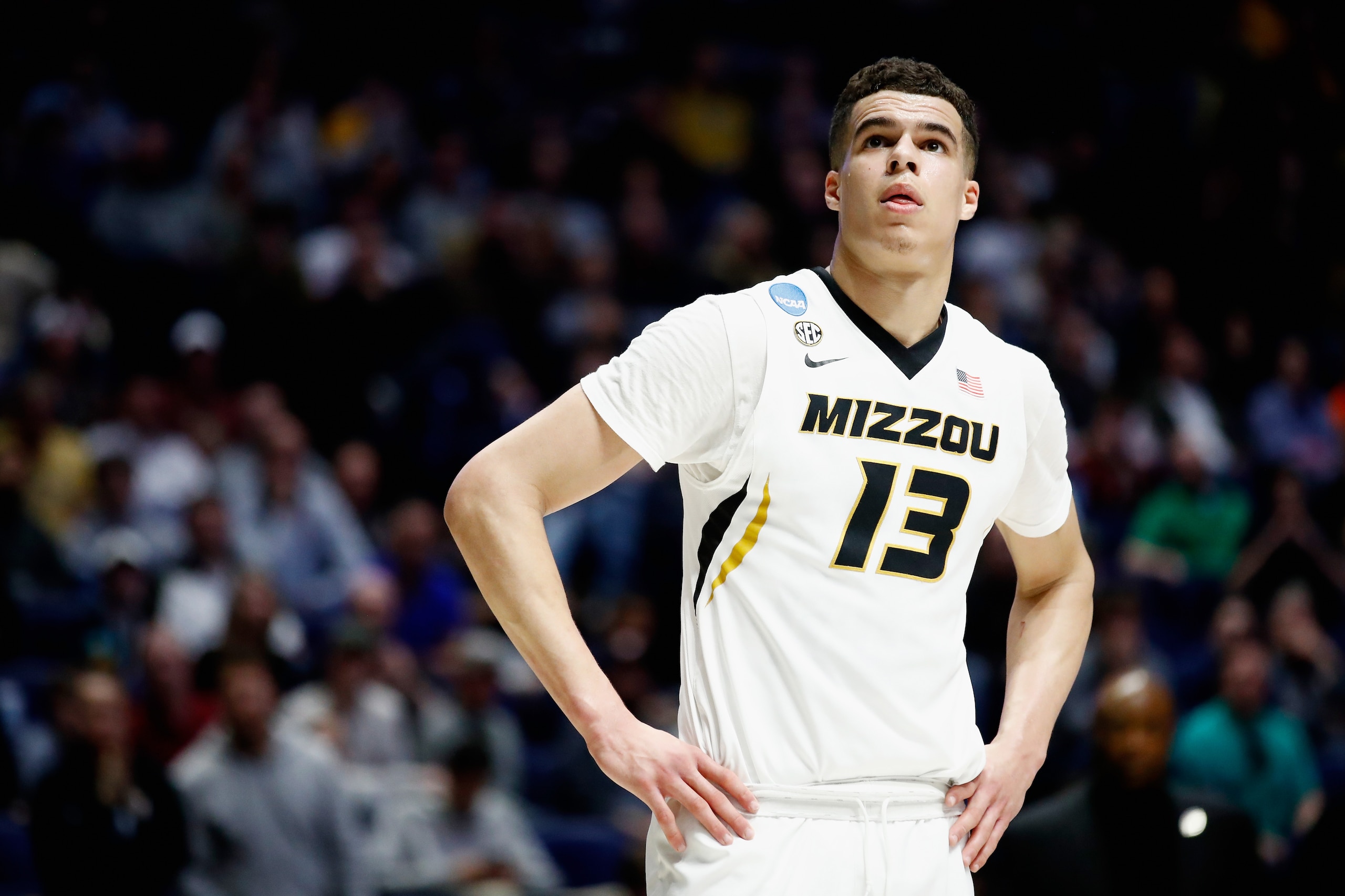 NASHVILLE, TN - MARCH 16:  Michael Porter Jr. #13 of the Missouri Tigers looks on against the Florida State Seminoles during the game in the first round of the 2018 NCAA Men's Basketball Tournament at Bridgestone Arena on March 16, 2018 in Nashville, Tenn