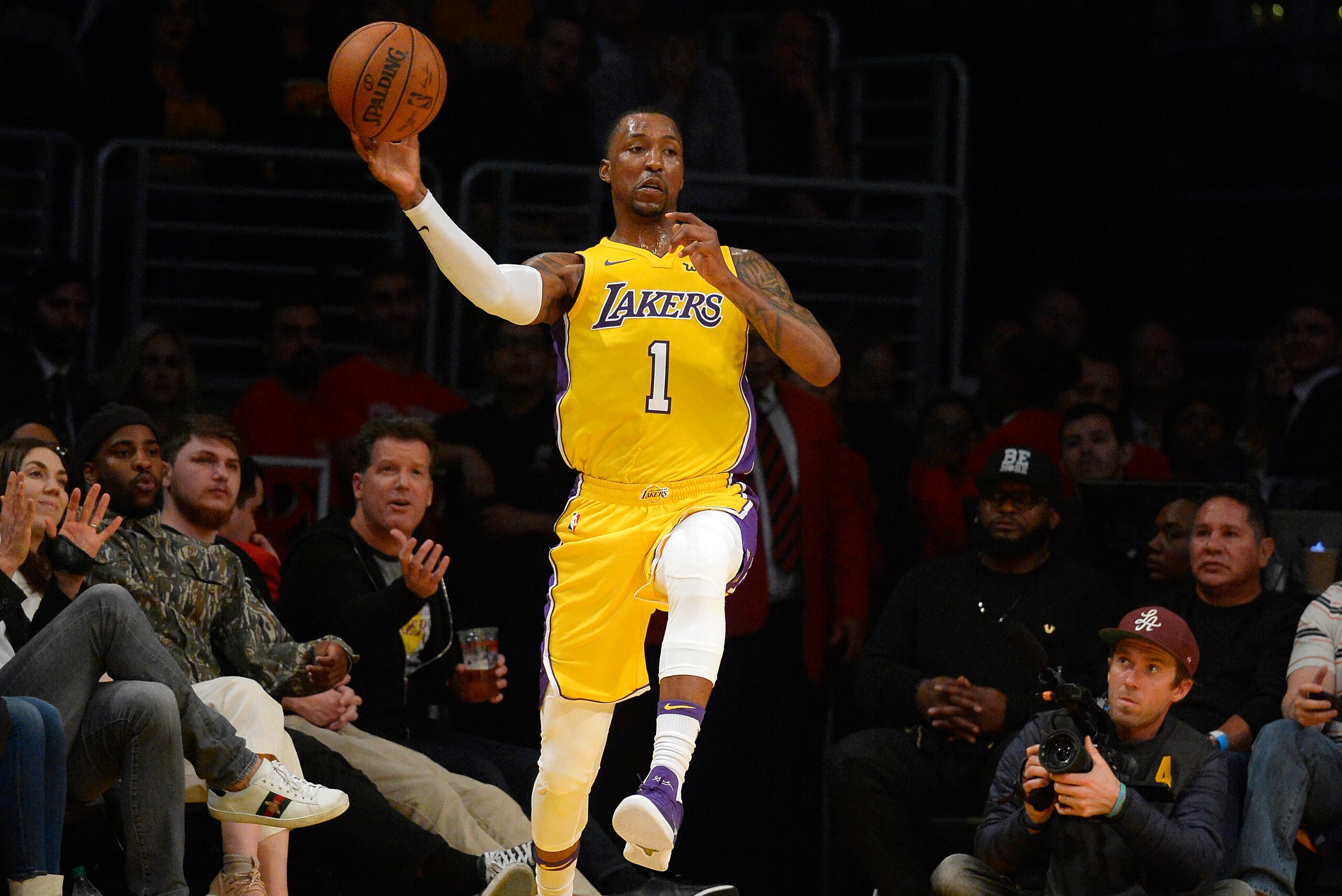 LOS ANGELES, CA - MARCH 13:  Kentavious Caldwell-Pope #1 of the Los Angeles Lakers plays against the Denver Nuggets on March 13, 2018 at STAPLES Center in Los Angeles, California. NOTE TO USER: User expressly acknowledges and agrees that, by downloading a