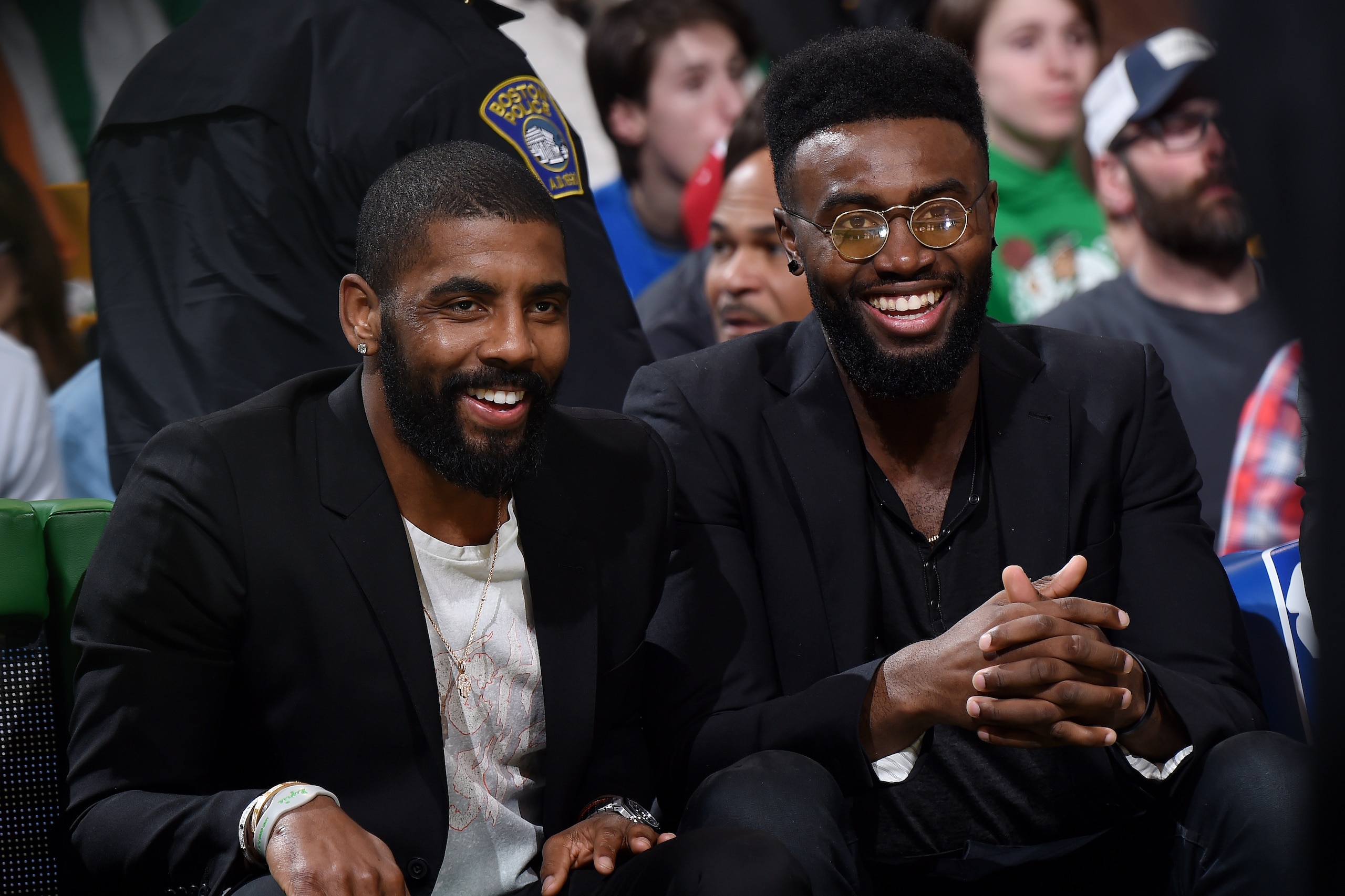 BOSTON, MA - MARCH 20: Kyrie Irving #11 and Jaylen Brown #7 of the Boston Celtics talk during the game against the Oklahoma City Thunder on March 20, 2018 at the TD Garden in Boston, Massachusetts. NOTE TO USER: User expressly acknowledges and agrees that BOSTON, MA - MARCH 20: Kyrie Irving #11 and Jaylen Brown #7 of the Boston Celtics talk during the game against the Oklahoma City Thunder on March 20, 2018 at the TD Garden in Boston, Massachusetts. NOTE TO USER: User expressly acknowledges and agrees that