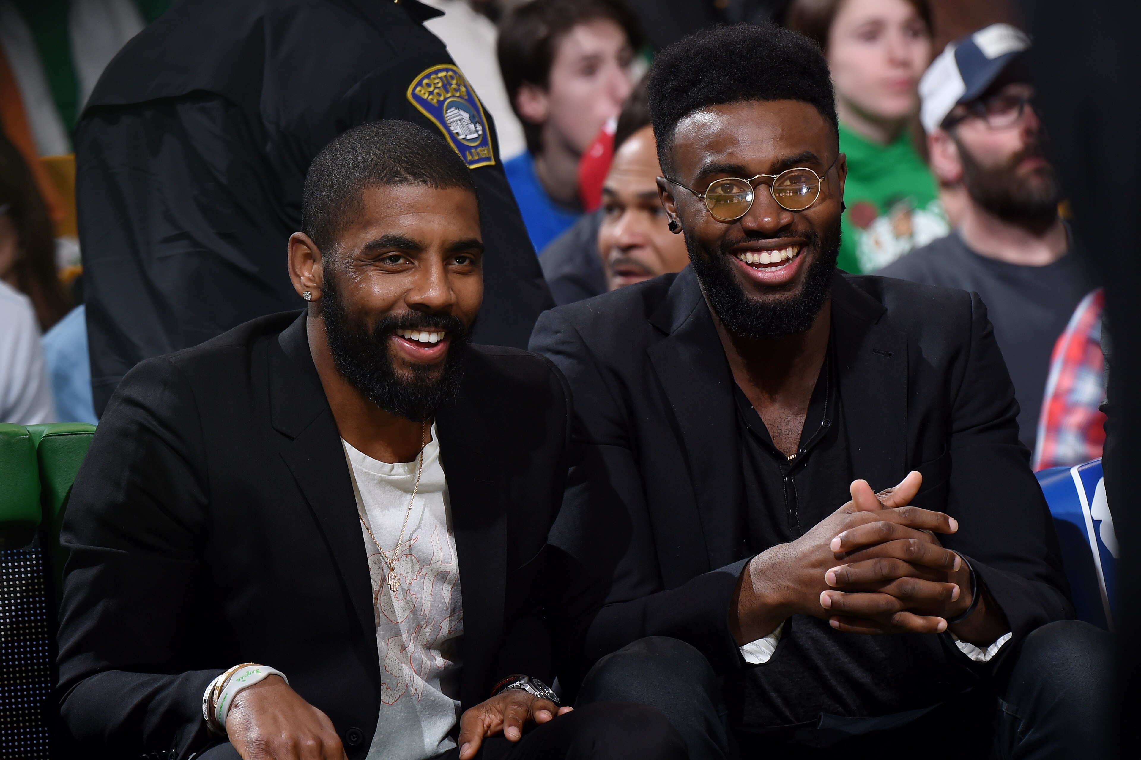 BOSTON, MA - MARCH 20: Kyrie Irving #11 and Jaylen Brown #7 of the Boston Celtics talk during the game against the Oklahoma City Thunder on March 20, 2018 at the TD Garden in Boston, Massachusetts. NOTE TO USER: User expressly acknowledges and agrees that
