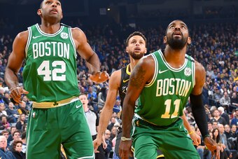 OAKLAND, CA - JANUARY 27: Kyrie Irving #11 of the Boston Celtics , Al Horford #42 of the Boston Celtics and Stephen Curry #30 of the Golden State Warriors react to a play during the game on January 27, 2018 at ORACLE Arena in Oakland, California. NOTE TO OAKLAND, CA - JANUARY 27: Kyrie Irving #11 of the Boston Celtics , Al Horford #42 of the Boston Celtics and Stephen Curry #30 of the Golden State Warriors react to a play during the game on January 27, 2018 at ORACLE Arena in Oakland, California. NOTE TO