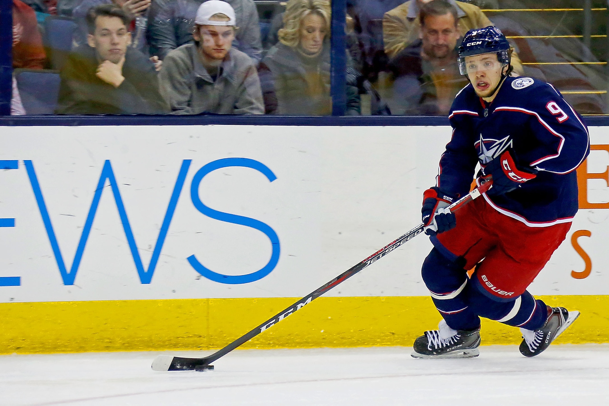 COLUMBUS, OH - MARCH 9:  Artemi Panarin #9 of the Columbus Blue Jackets controls the puck during the game against the Detroit Red Wings on March 9, 2018 at Nationwide Arena in Columbus, Ohio. (Photo by Kirk Irwin/Getty Images)