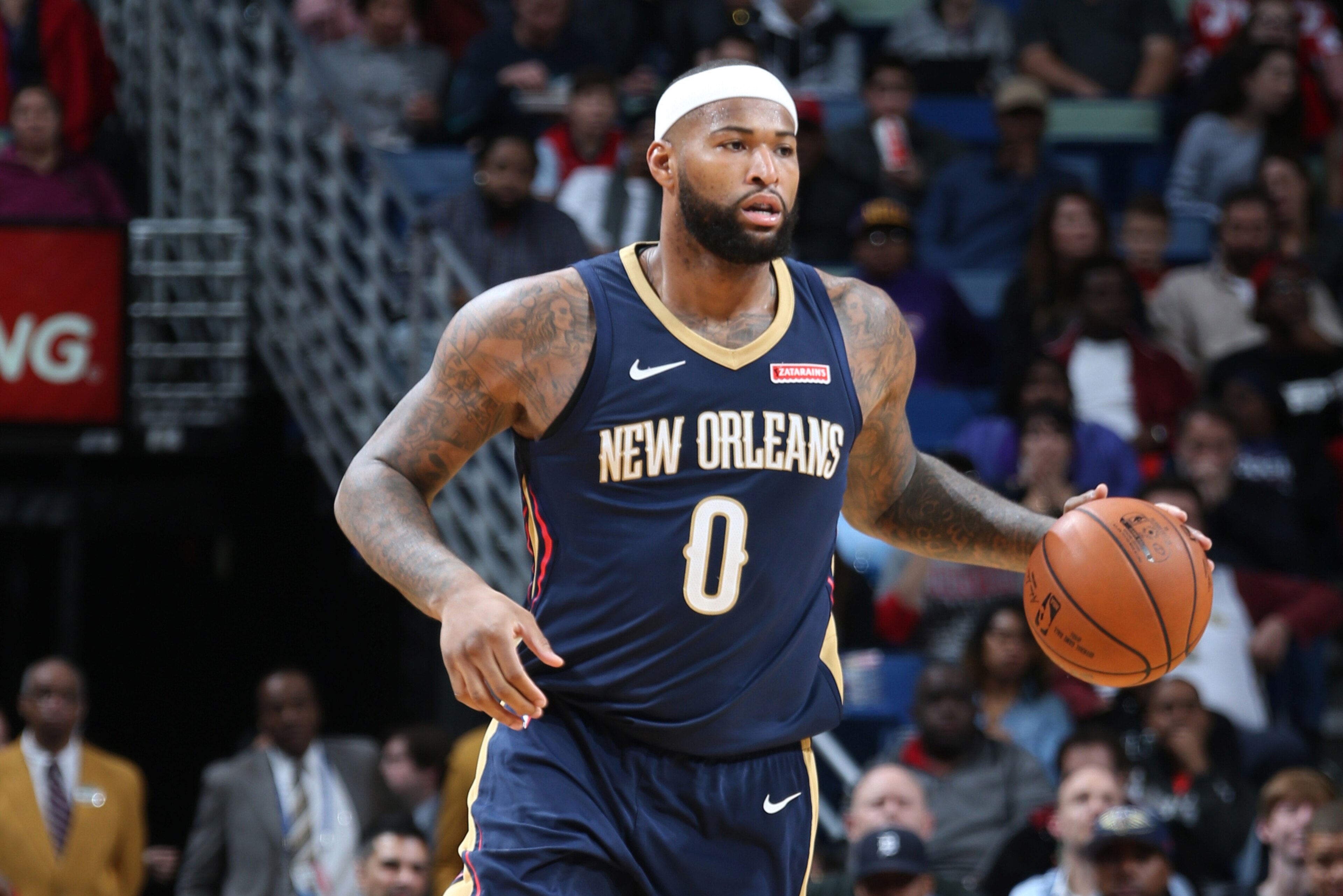 NEW ORLEANS, LA - JANUARY 26: DeMarcus Cousins #0 of the New Orleans Pelicans handles the ball against the Houston Rockets on January 26, 2018 at Smoothie King Center in New Orleans, Louisiana. NOTE TO USER: User expressly acknowledges and agrees that, by NEW ORLEANS, LA - JANUARY 26: DeMarcus Cousins #0 of the New Orleans Pelicans handles the ball against the Houston Rockets on January 26, 2018 at Smoothie King Center in New Orleans, Louisiana. NOTE TO USER: User expressly acknowledges and agrees that, by