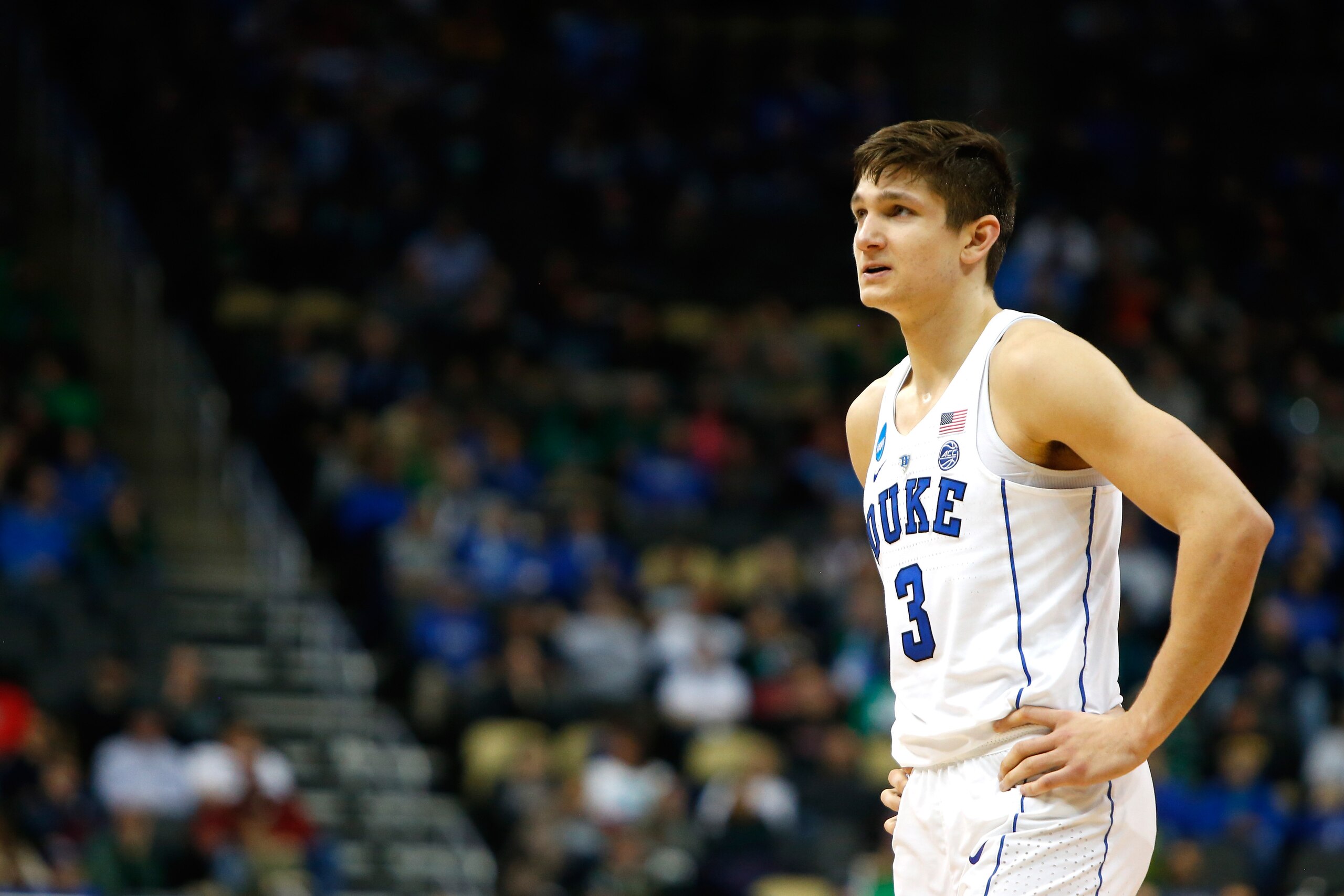 PITTSBURGH, PA - MARCH 17:  Grayson Allen #3 of the Duke Blue Devils looks on against the Rhode Island Rams during the second half in the second round of the 2018 NCAA Men's Basketball Tournament at PPG PAINTS Arena on March 17, 2018 in Pittsburgh, Pennsy