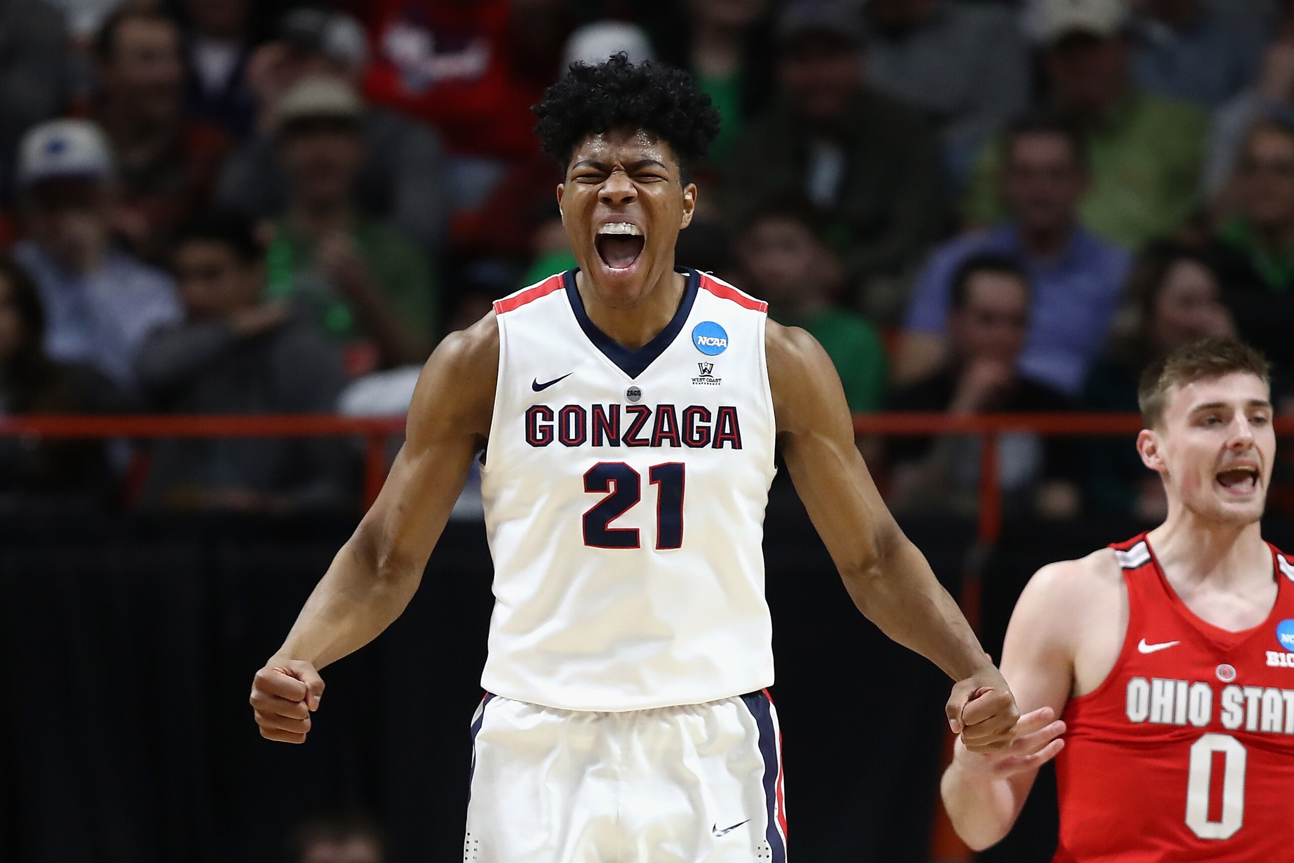 BOISE, ID - MARCH 17:  Rui Hachimura #21 of the Gonzaga Bulldogs reacts during the first half against the Ohio State Buckeyes in the second round of the 2018 NCAA Men's Basketball Tournament at Taco Bell Arena on March 17, 2018 in Boise, Idaho.  (Photo by