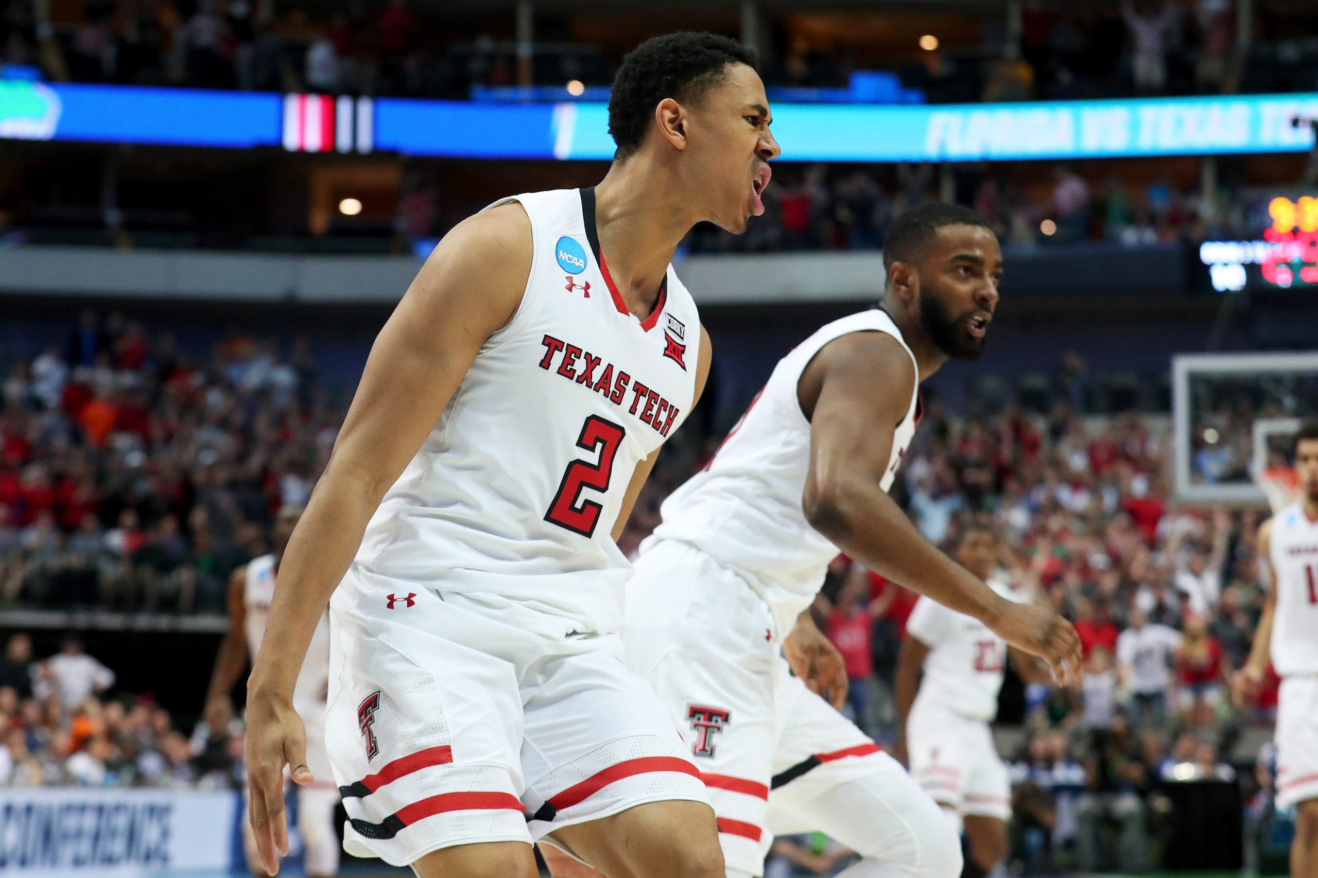 DALLAS, TX - MARCH 17:  Zhaire Smith #2 of the Texas Tech Red Raiders reacts in the second half against the Florida Gators during the second round of the 2018 NCAA Tournament at the American Airlines Center on March 17, 2018 in Dallas, Texas. (Photo by To