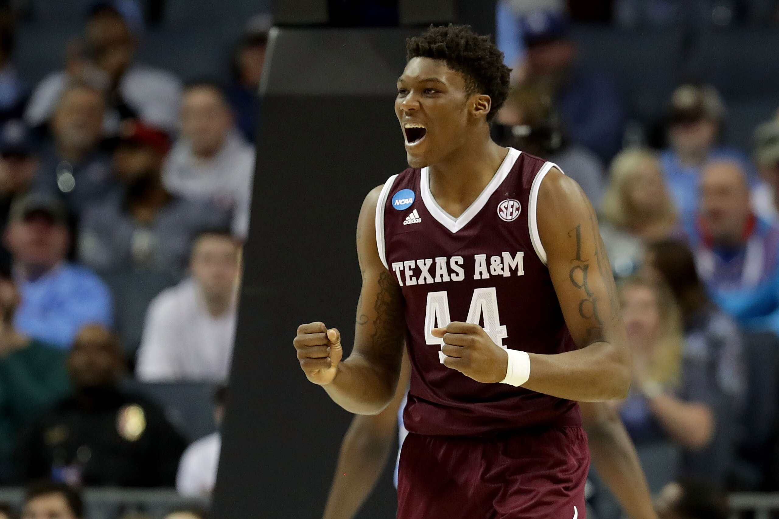 CHARLOTTE, NC - MARCH 18:  Robert Williams #44 of the Texas A&M Aggies reacts against the North Carolina Tar Heels during the second round of the 2018 NCAA Men's Basketball Tournament at Spectrum Center on March 18, 2018 in Charlotte, North Carolina.  (Ph