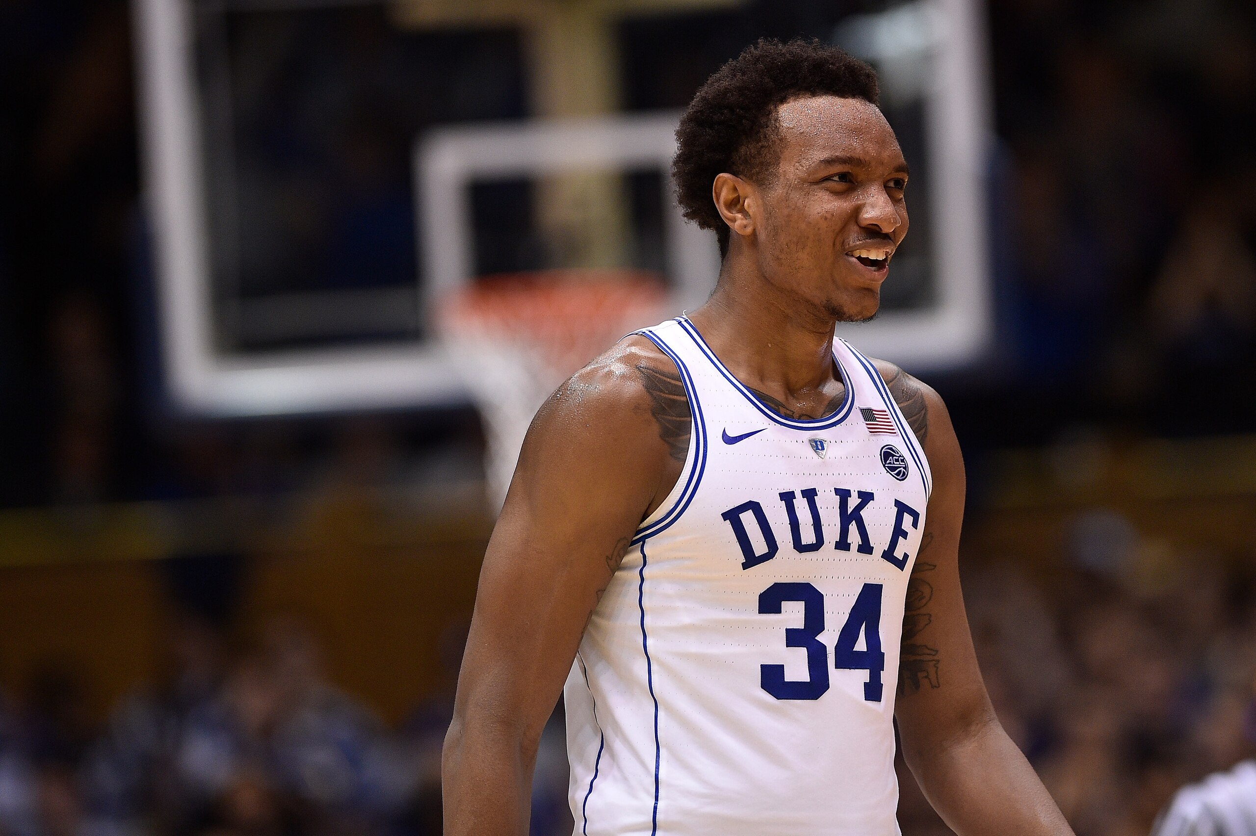 DURHAM, NC - FEBRUARY 14:  Wendell Carter Jr #34 of the Duke Blue Devils against the Virginia Tech Hokies during their game at Cameron Indoor Stadium on February 14, 2018 in Durham, North Carolina. Duke won 74-52.  (Photo by Grant Halverson/Getty Images)