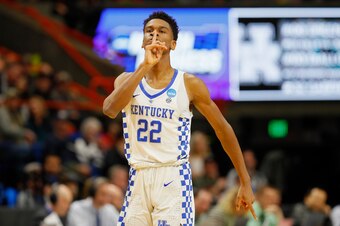 BOISE, ID - MARCH 17:  Shai Gilgeous-Alexander #22 of the Kentucky Wildcats gestures during the first half against the Buffalo Bulls in the second round of the 2018 NCAA Men's Basketball Tournament at Taco Bell Arena on March 17, 2018 in Boise, Idaho.  (P