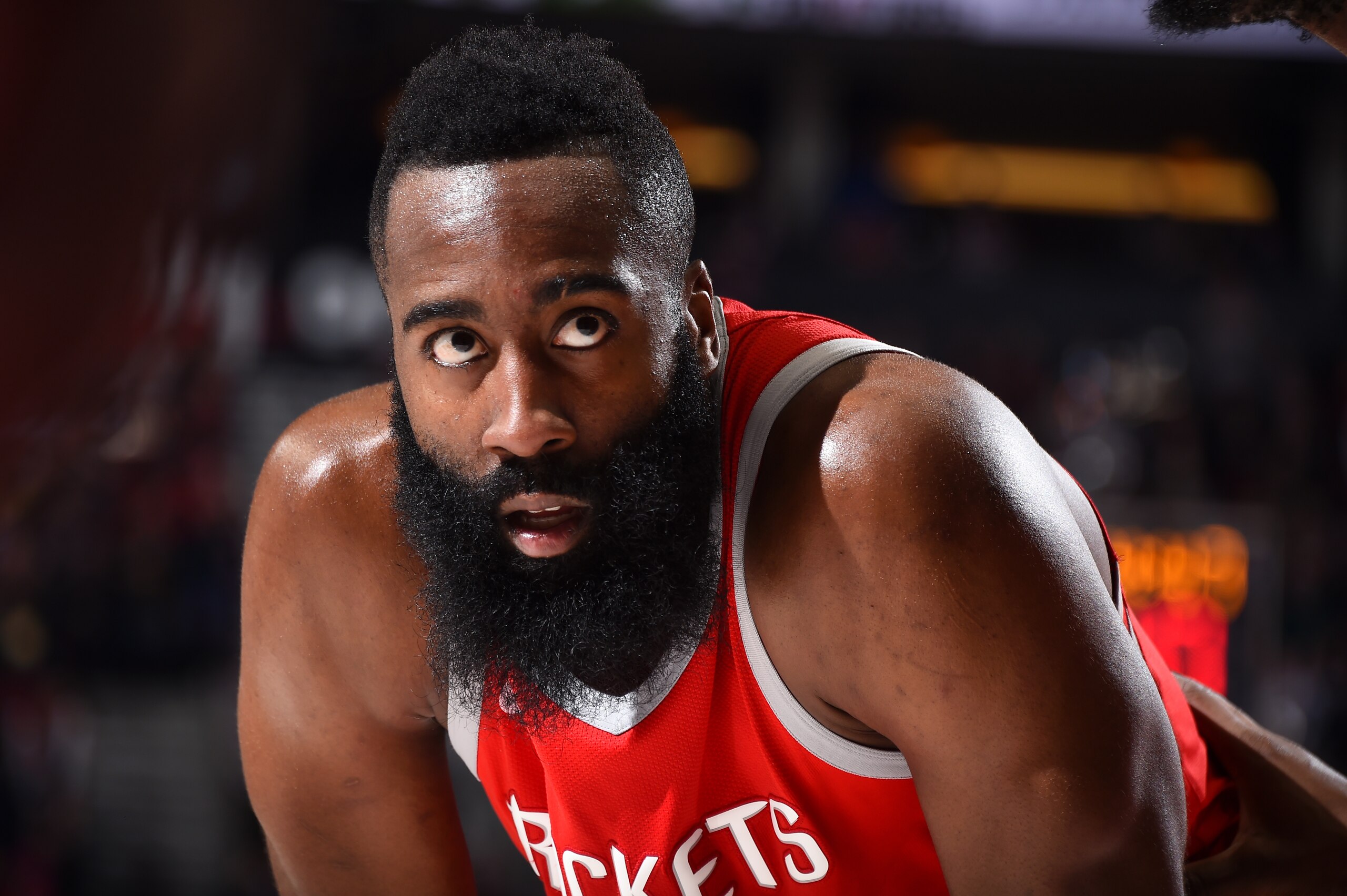 PORTLAND, OR - MARCH 20:  James Harden #13 of the Houston Rockets looks on during the game against the Portland Trail Blazers on March 20, 2018 at the Moda Center in Portland, Oregon. NOTE TO USER: User expressly acknowledges and agrees that, by downloadi