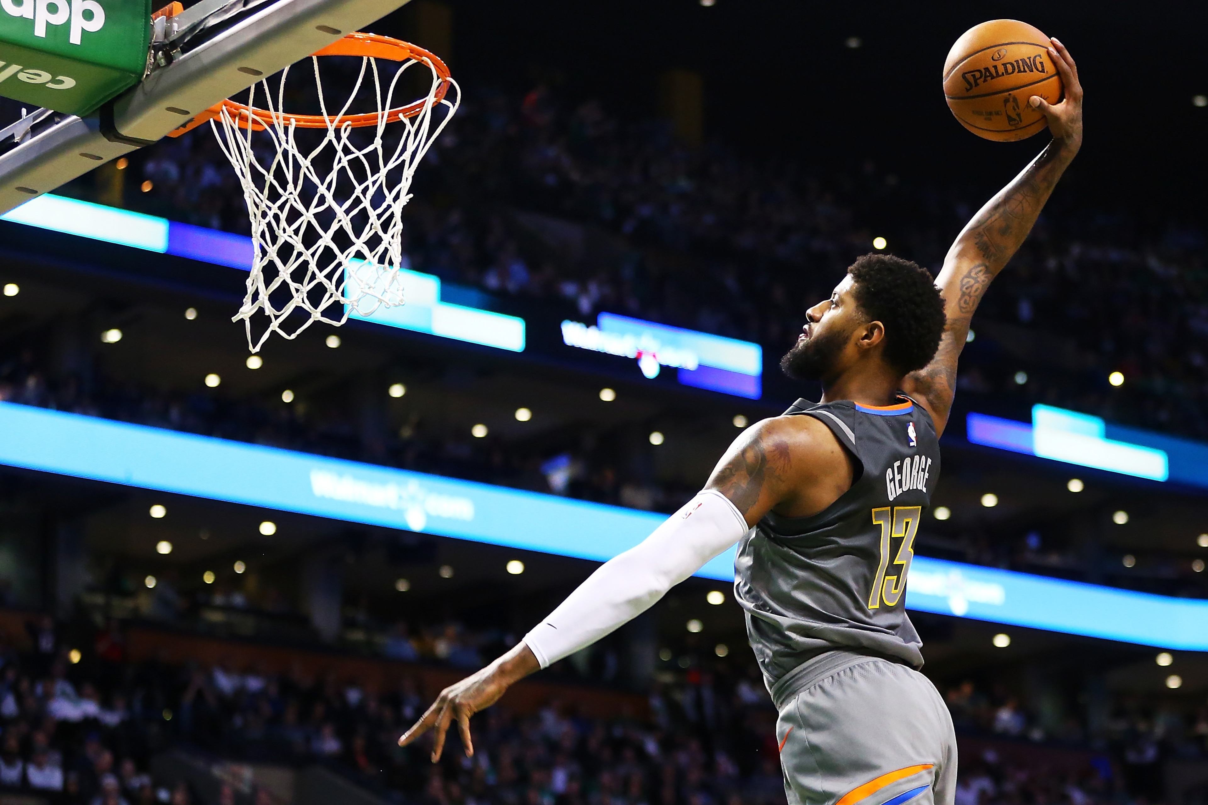 BOSTON, MA - MARCH 20: Paul George #13 of the Oklahoma City Thunder dunks the ball during a game against the Boston Celtics at TD Garden on March 20, 2018 in Boston, Massachusetts. NOTE TO USER: User expressly acknowledges and agrees that, by downloading BOSTON, MA - MARCH 20: Paul George #13 of the Oklahoma City Thunder dunks the ball during a game against the Boston Celtics at TD Garden on March 20, 2018 in Boston, Massachusetts. NOTE TO USER: User expressly acknowledges and agrees that, by downloading