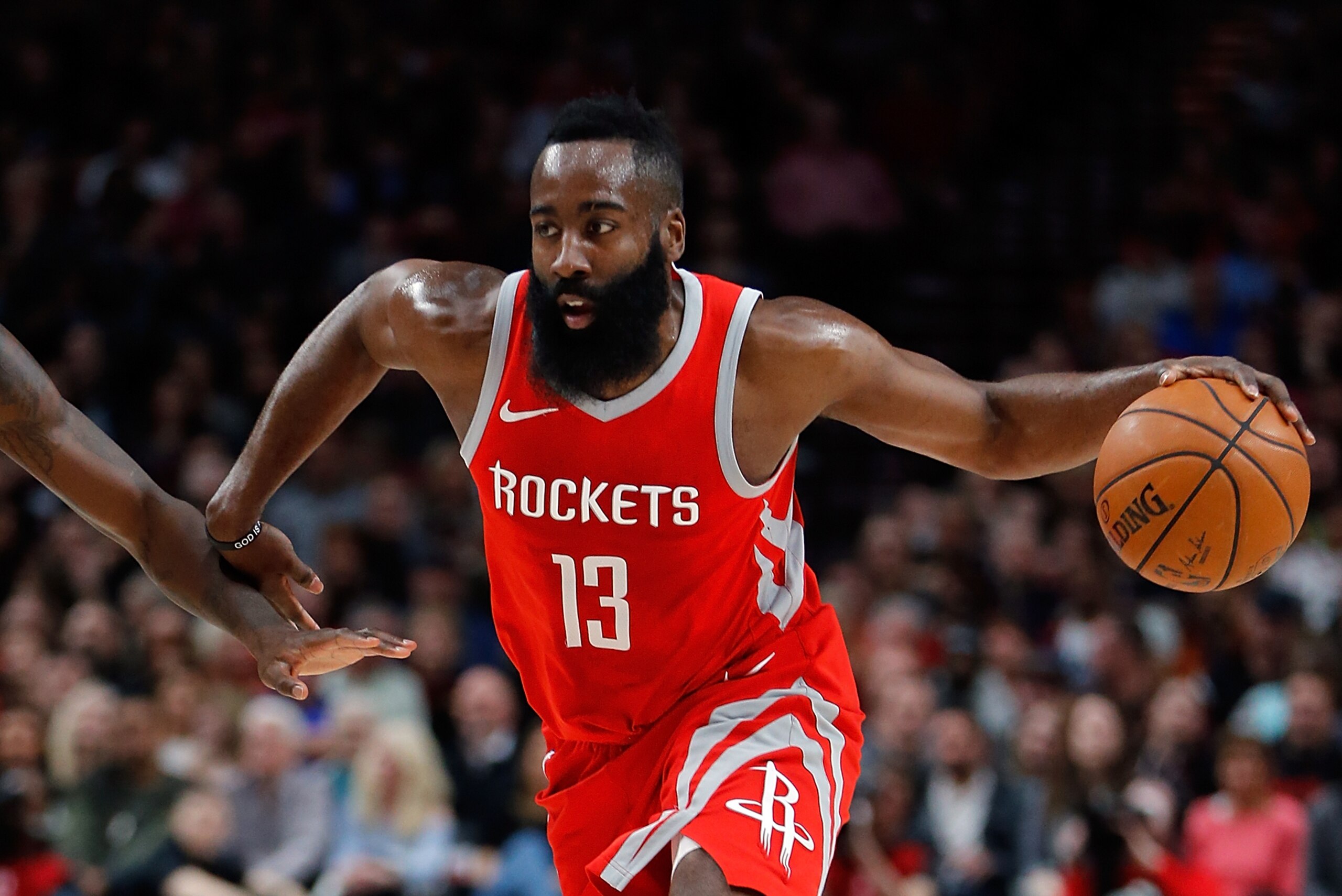 PORTLAND, OR - MARCH 20:  James Harden #13 of the Houston Rockets drives against the Portland Trail Blazers at Moda Center on March 20, 2018 in Portland, Oregon.  NOTE TO USER: User expressly acknowledges and agrees that, by downloading and or using this 