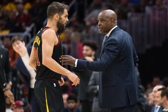 CLEVELAND, OH - MARCH 19: Jose Calderon #81 talks with interim head coach Larry Drew of the Cleveland Cavaliers during the second half against the Milwaukee Bucks at Quicken Loans Arena on March 19, 2018 in Cleveland, Ohio. The Cavaliers defeated the Buck