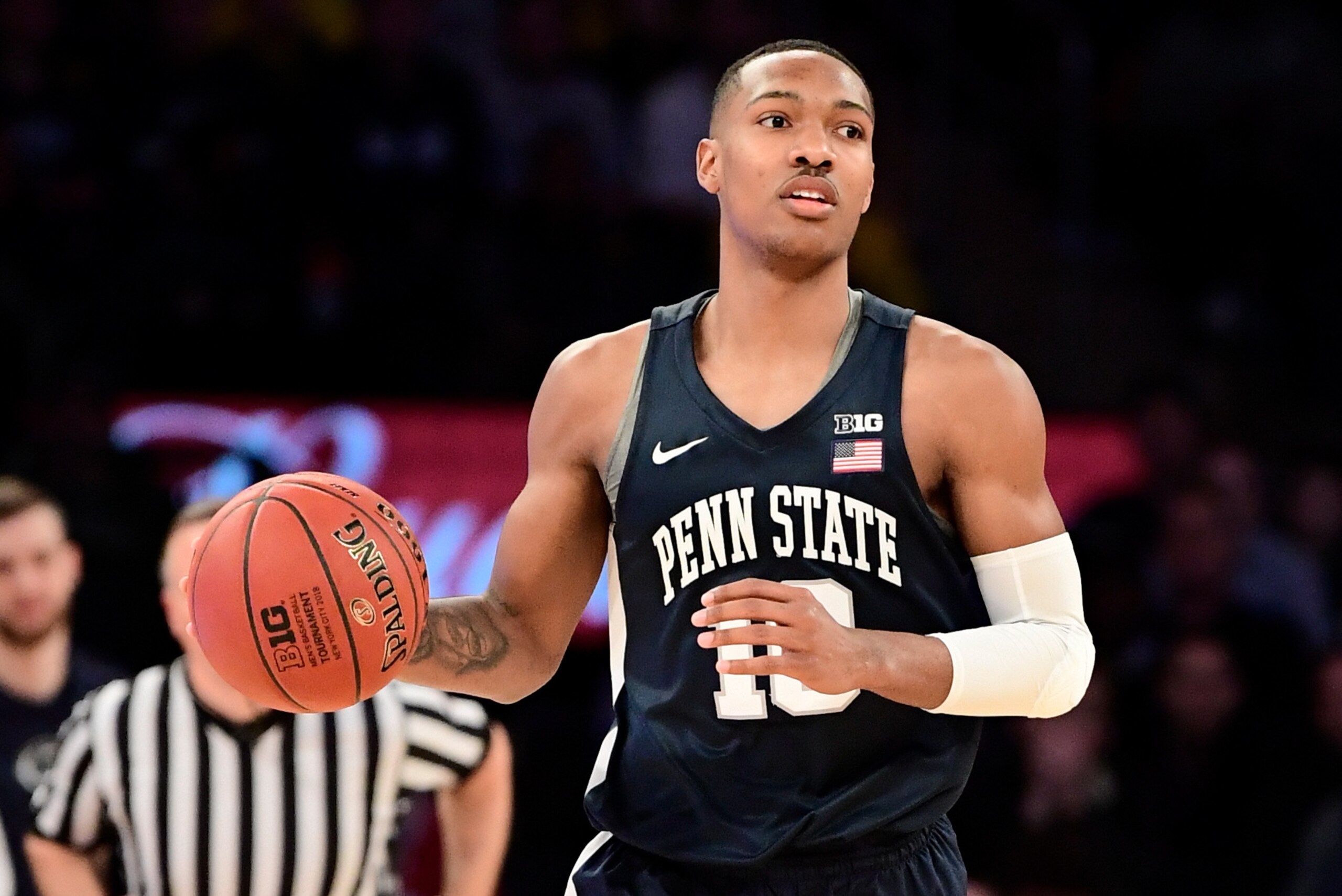 NEW YORK, NY - MARCH 03: Tony Carr #10 of the Penn State Nittany Lions handles the ball on offense against the Purdue Boilermakers during the semifinals of the Big Ten Basketball Tournament at Madison Square Garden on March 3, 2018 in New York City. The P