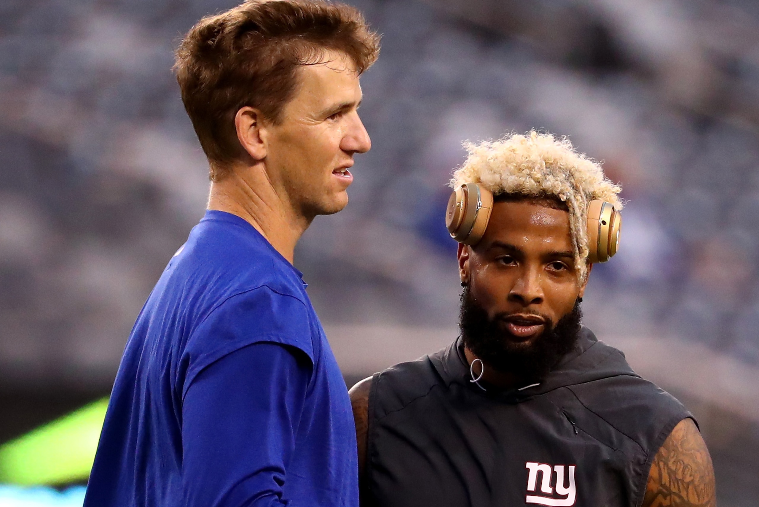 EAST RUTHERFORD, NJ - SEPTEMBER 18:  (L-R) Eli Manning #10 of the New York Giants talks with his teammate Odell Beckham Jr. #13 prior to their game against the Detroit Lions at MetLife Stadium on September 18, 2017 in East Rutherford, New Jersey.  (Photo 