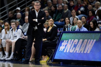 Coach Geno Auriemma watches as UConn routs St. Francis 140-52 in the NCAA tourney.