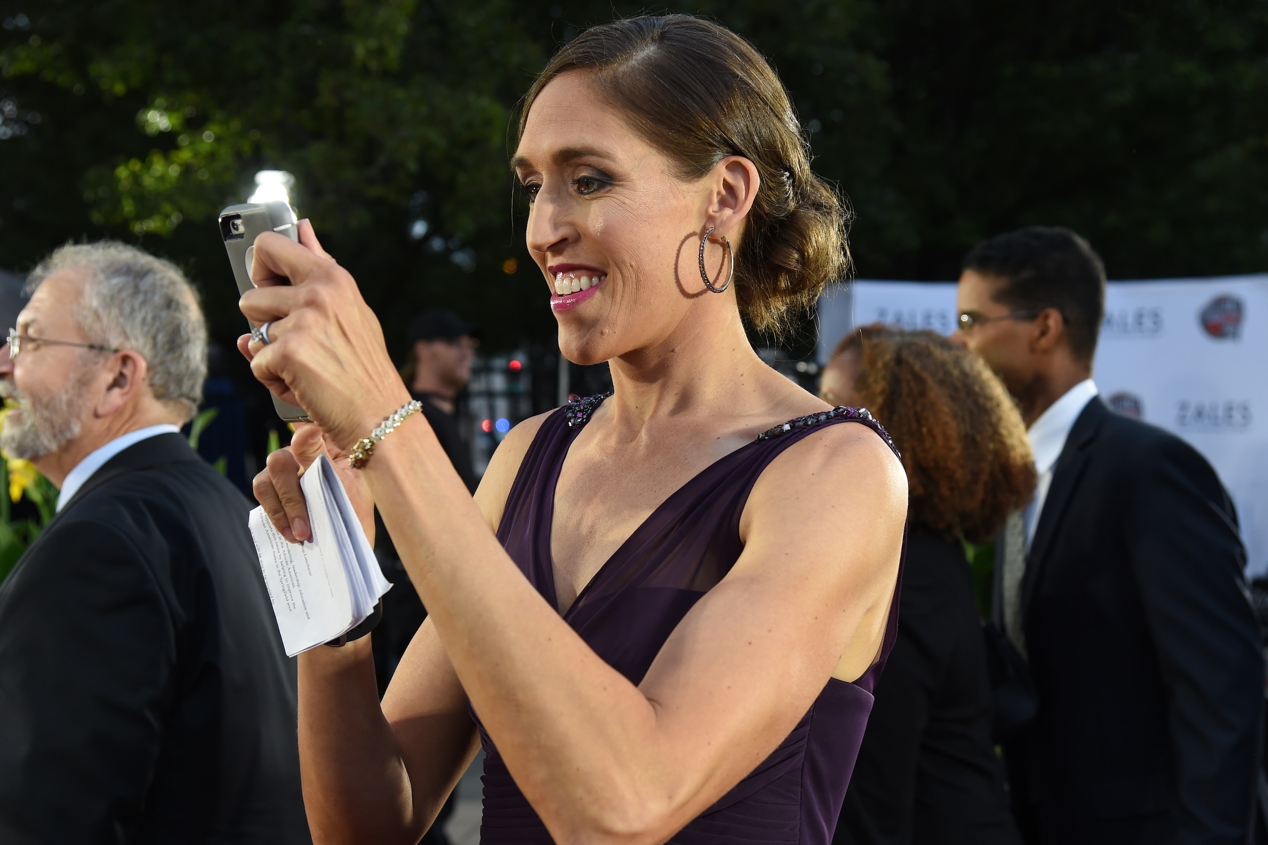 SPRINGFIELD, MA - SEPTEMBER 8: Inductee, Rebecca Lobo takes a photo on the red carpet before the 2017 Basketball Hall of Fame Enshrinement Ceremony on September 8, 2017 at the Naismith Memorial Basketball Hall of Fame in Springfield, Massachusetts. NOTE T