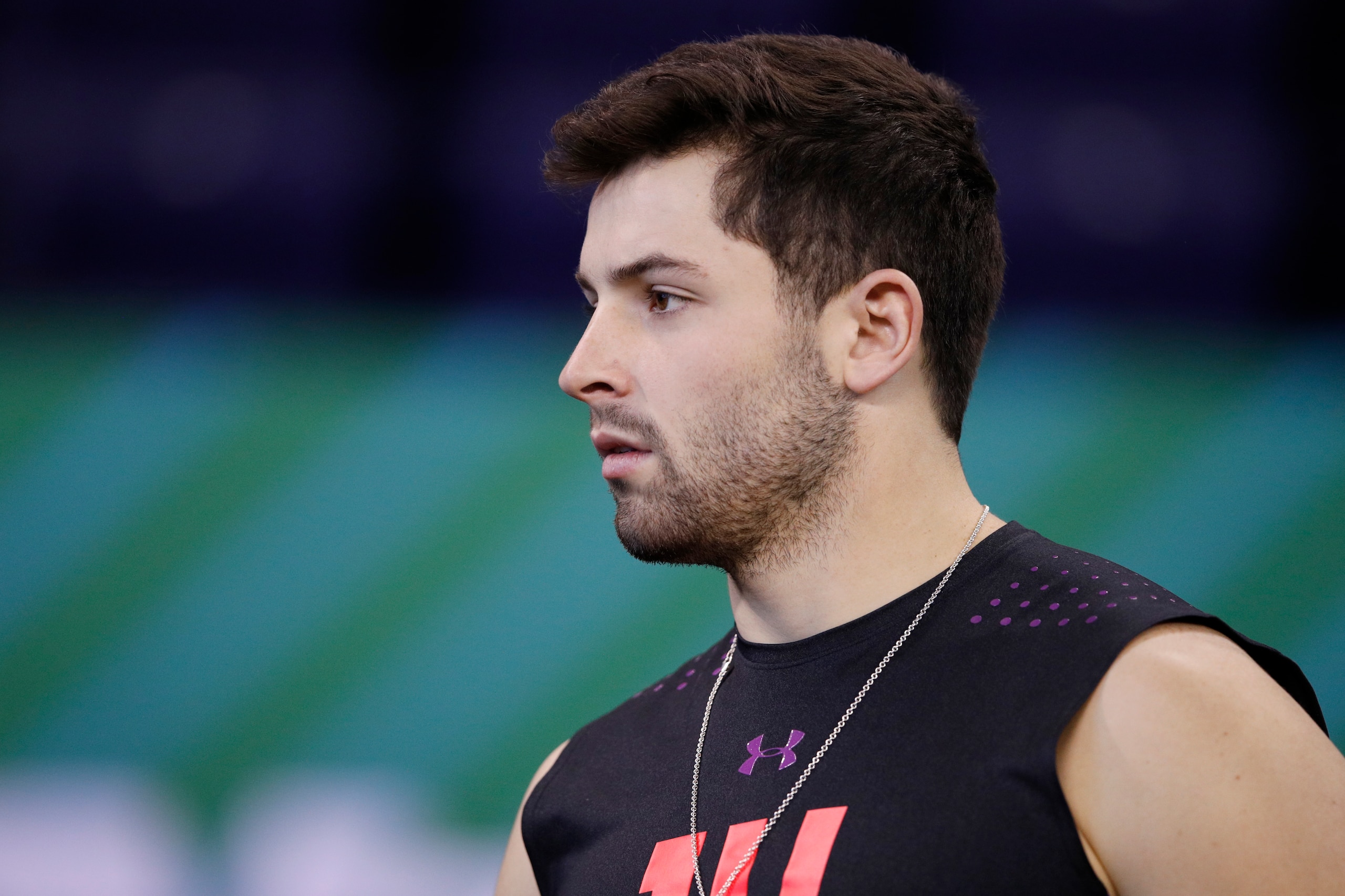 INDIANAPOLIS, IN - MARCH 03: Oklahoma quarterback Baker Mayfield looks on during the NFL Combine at Lucas Oil Stadium on March 3, 2018 in Indianapolis, Indiana. (Photo by Joe Robbins/Getty Images)