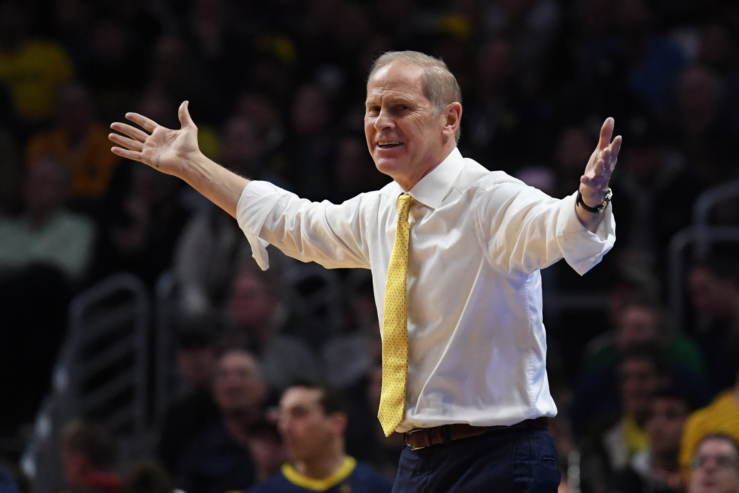 LOS ANGELES, CA - MARCH 22:  Head coach John Beilein of the Michigan Wolverines looks on against the Texas A&M Aggies during the first half in the 2018 NCAA Men's Basketball Tournament West Regional at Staples Center on March 22, 2018 in Los Angeles, Cali